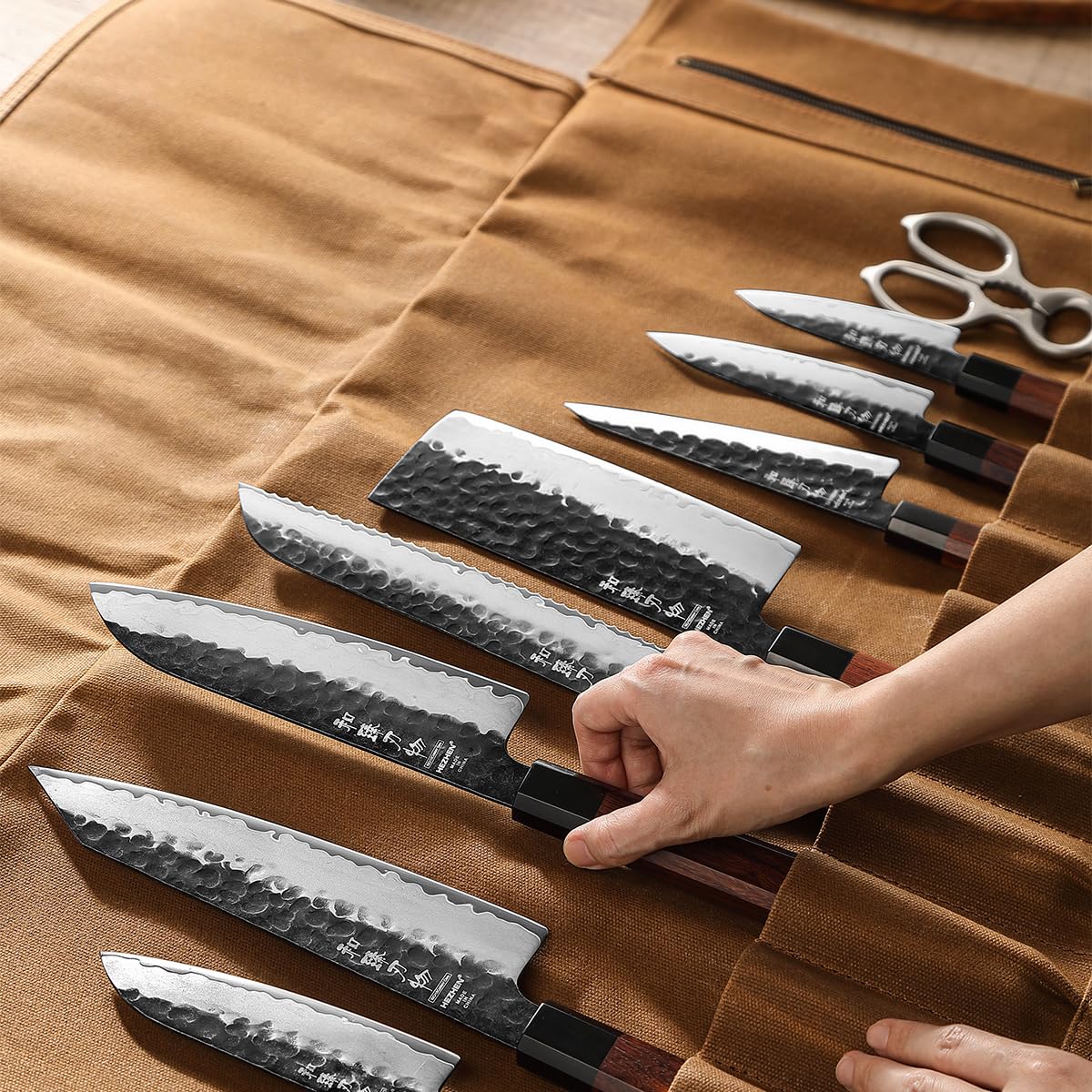 HEZHEN 5 Piezas Set Cuchillo Cocina de Acero de Damasco con Bolsa de Lona para Cuchillos