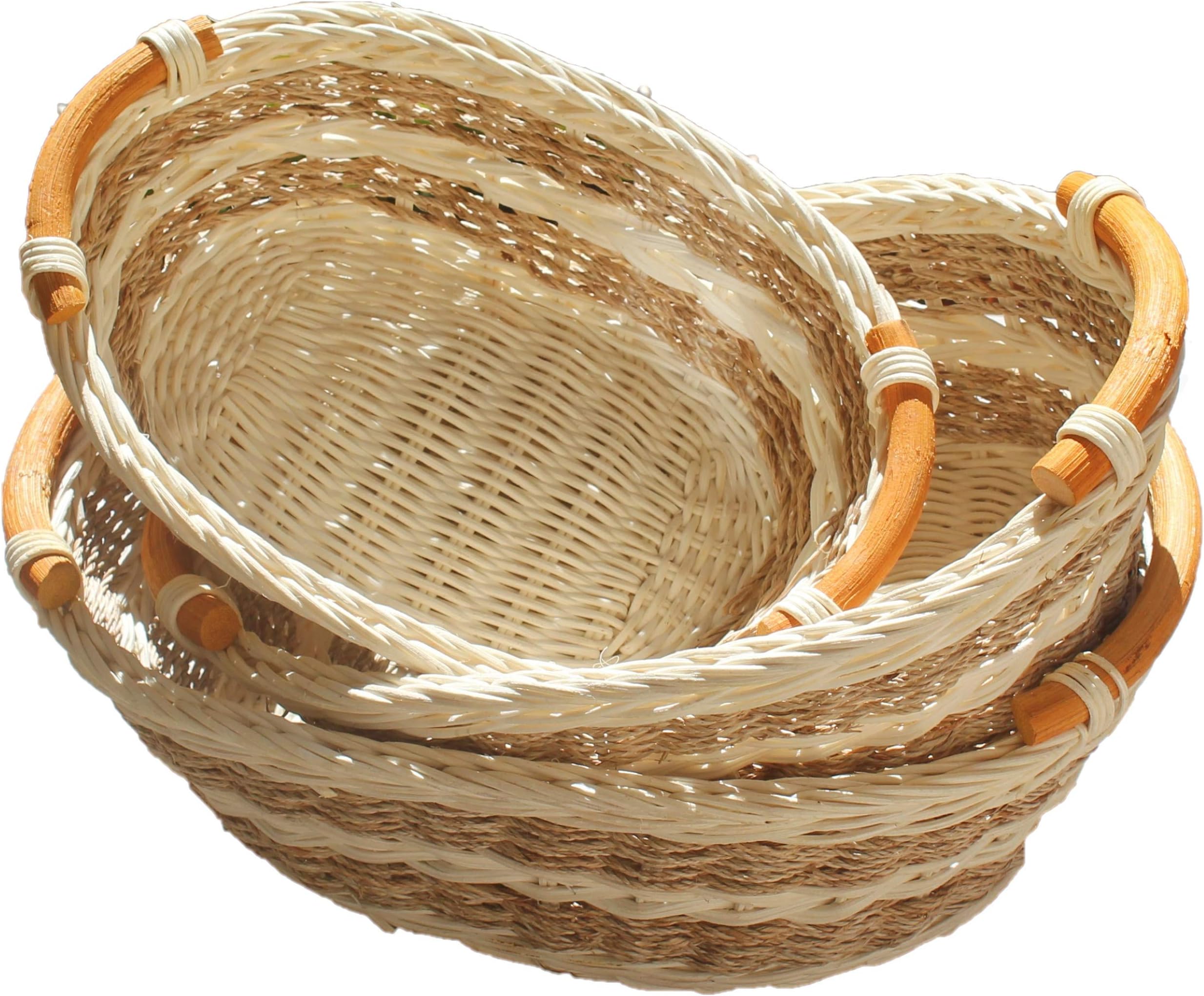 RT450130-3 Handwoven Wicker Storage Basket Curve Pole Handle in Dual Brown and Sand (Set of 3)