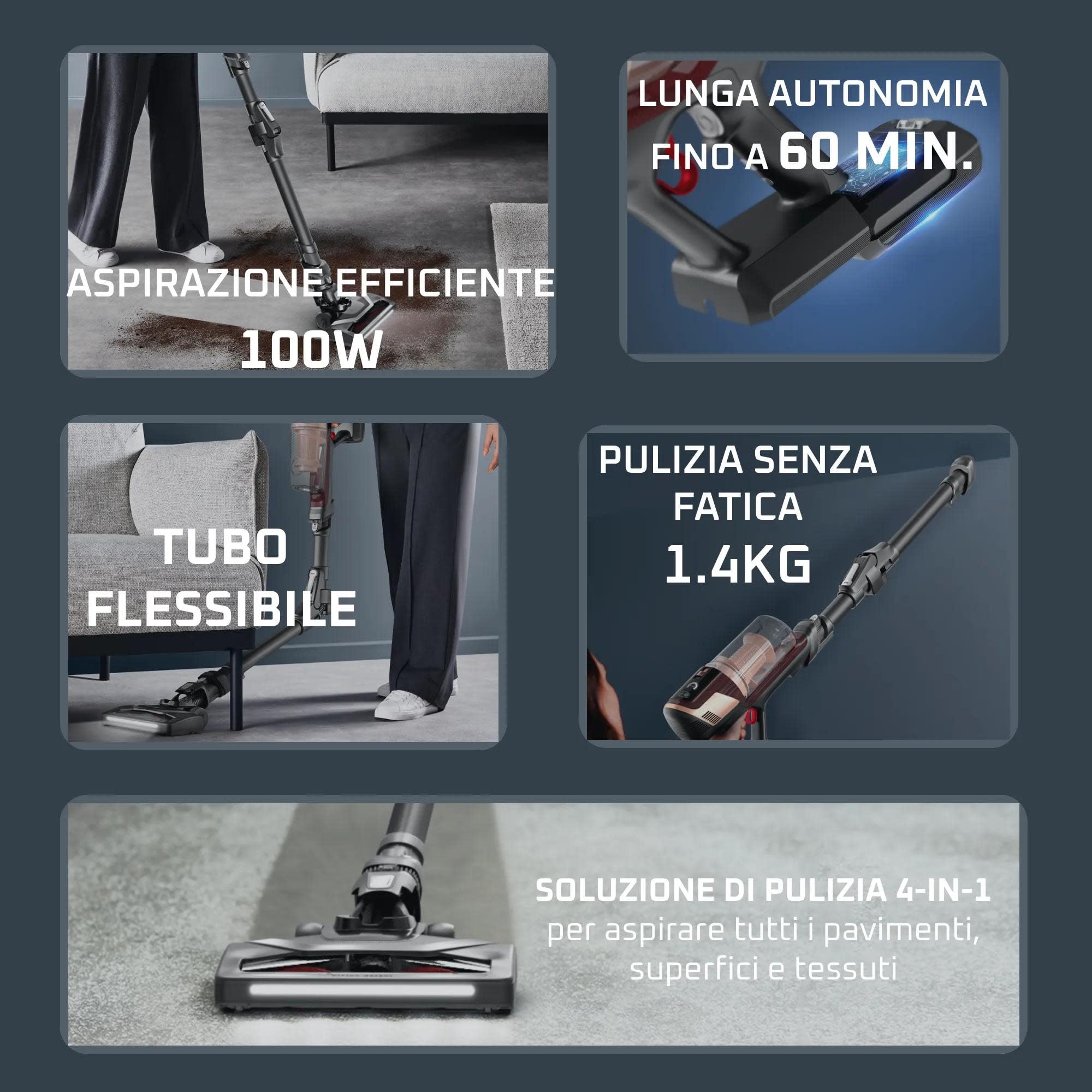 Rowenta X-Pert 6.80 Animal Flex, Aspirapolvere Senza Fili Potente con Spazzola Multifunzione con Luci LED, Kit per Animali, Display, Autonomia Fino a 60 Min, 100 W, Colore Burgundy/Grigio, RH6495
