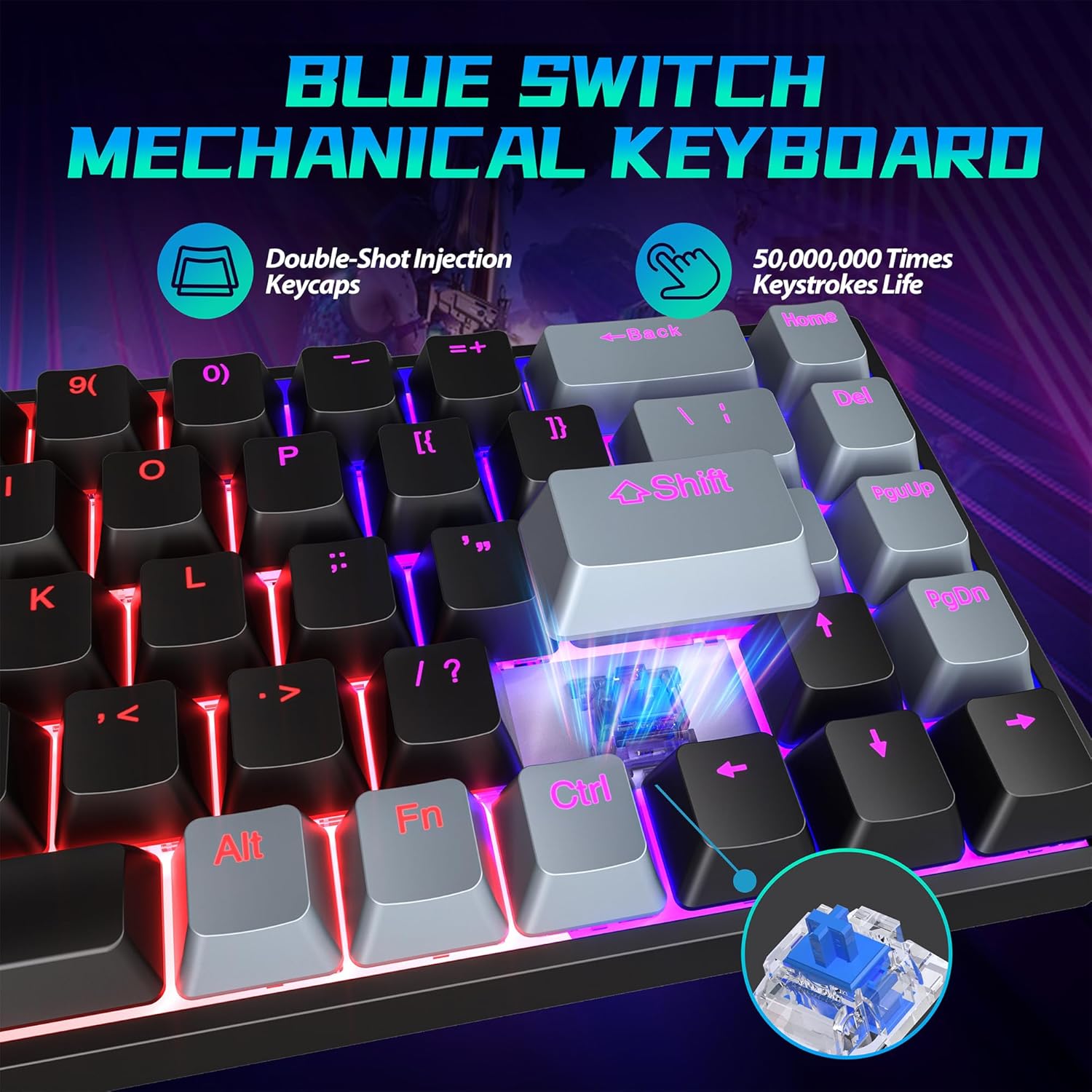 60% Mechanical Gaming Keyboard, RGB Backlit 68 Keys Ultra-Compact Wired Keyboard with Blue Switch, Full Anti-Ghost, Type-C, Portable Mini Office Keyboard for PC Laptop Win/Mac, Black&Gray
