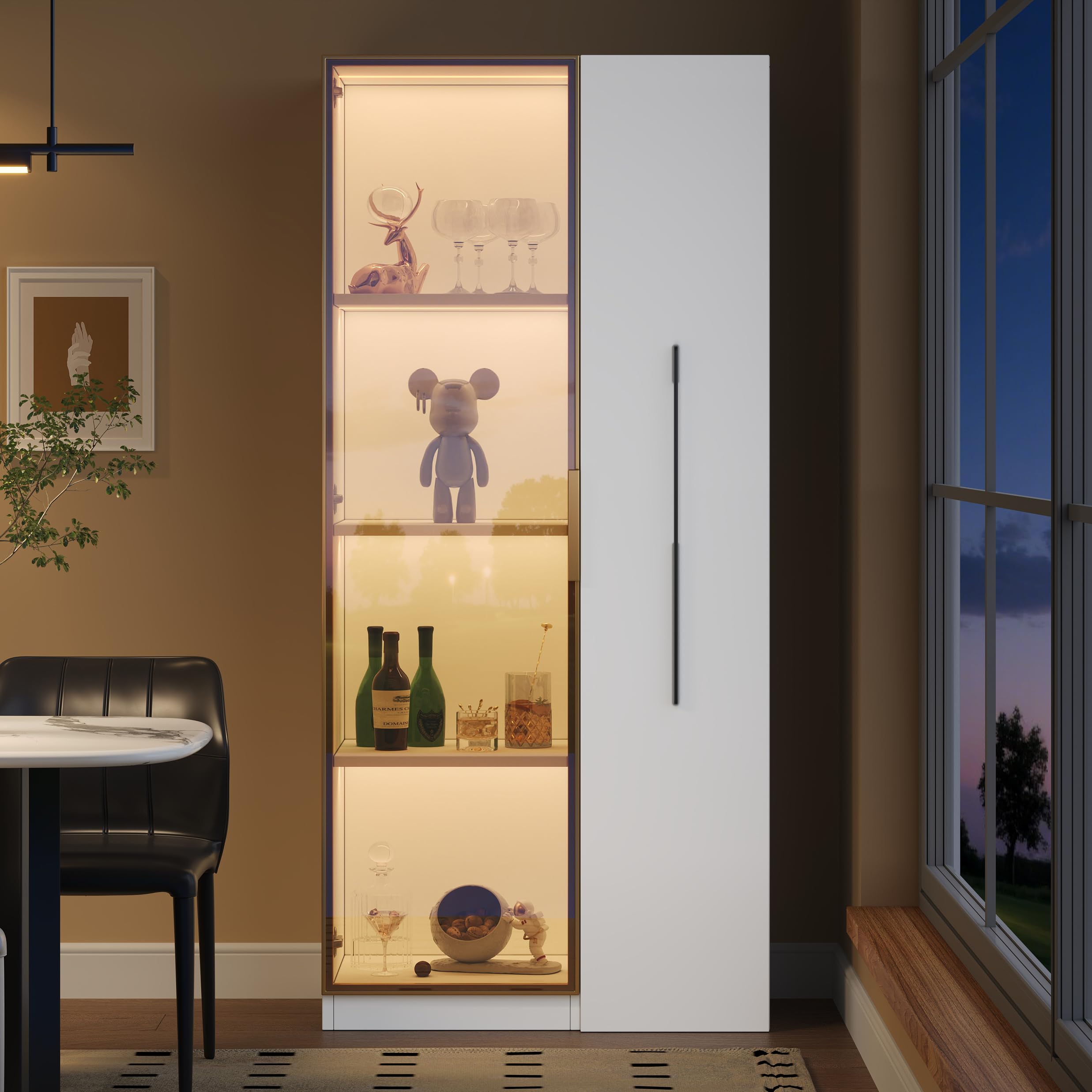 Vetrina di 70×40×160 cm con ante in vetro, cassetti laterali e illuminazione a LED integrata. Un mobile elegante e versatile, cantinetta per vini, libreria o mobile da sala da pranzo.