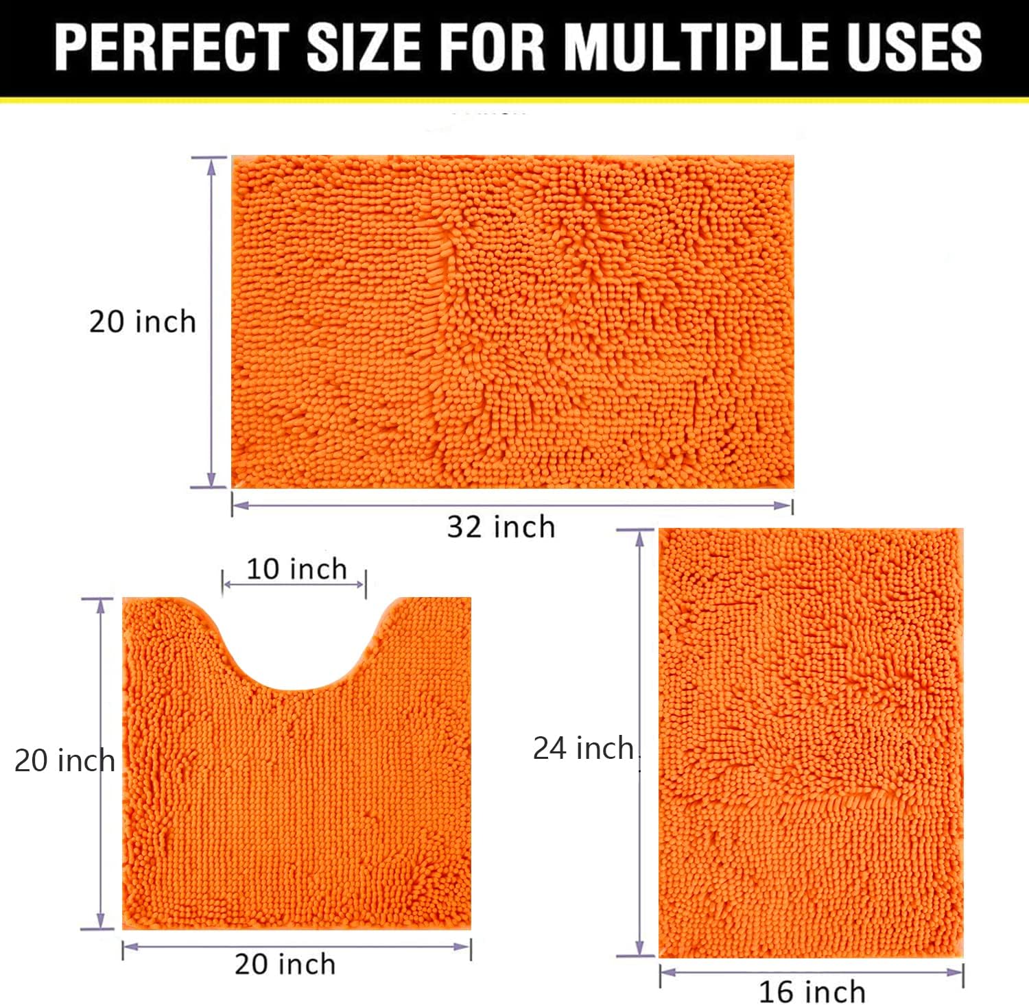 Bathroom Rugs Chenille 3-Piece Extra Soft and Absorbent Shag Bathroom Rugs, Machine Wash Mat, Strong PVC Non-Slip Underside, Plush Carpet Mats (Orange)