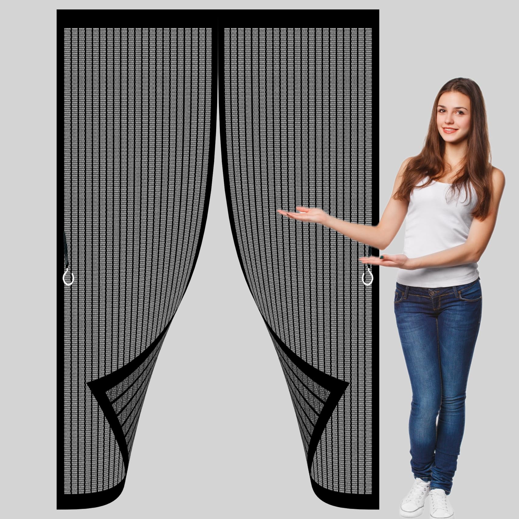 Fly Screens for Doors 130 x 190 cm with Powerful Magnets & Full Frame Magic Tape No Gap, Lets Fresh Air in, Keep Bugs Out Patio Door Nets Insect Mesh for Patio Doors Bedroom, Black