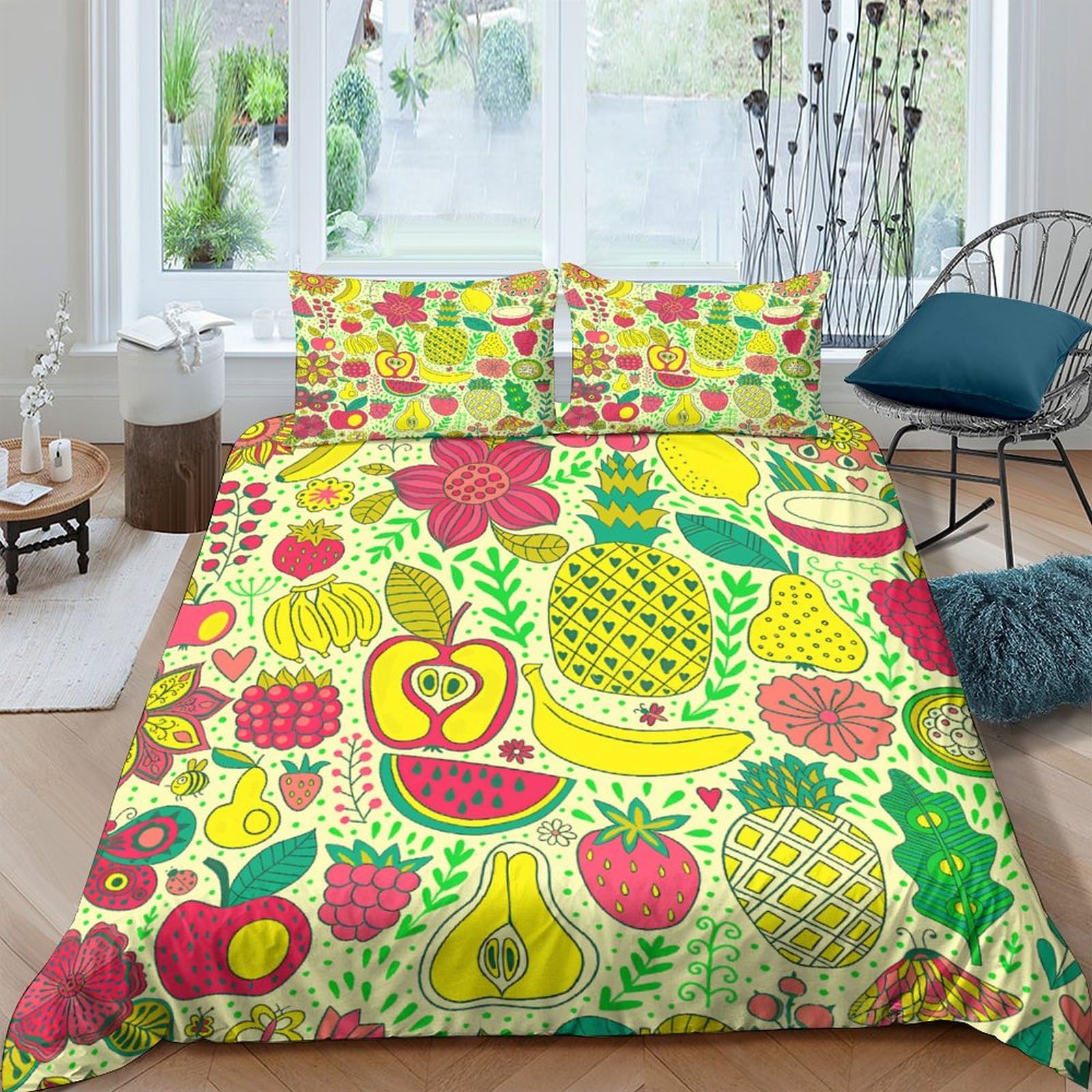 Funda de edredón de microfibra con cremallera y estampado de piña y frutas 200x200cm