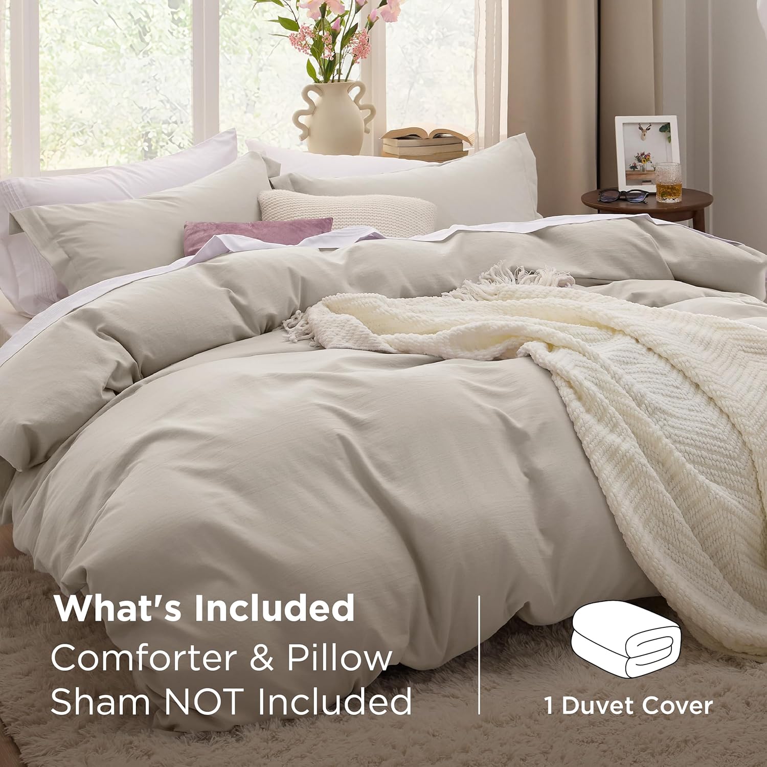 Bedsure Duvet Cover Queen Size Only - Prewashed Cotton-Like Polyester Extra Soft All Season Bedding, Includes 1 Duvet Cover 90x90 Inches with Zipper Closure, Linen, Comforter Not Included