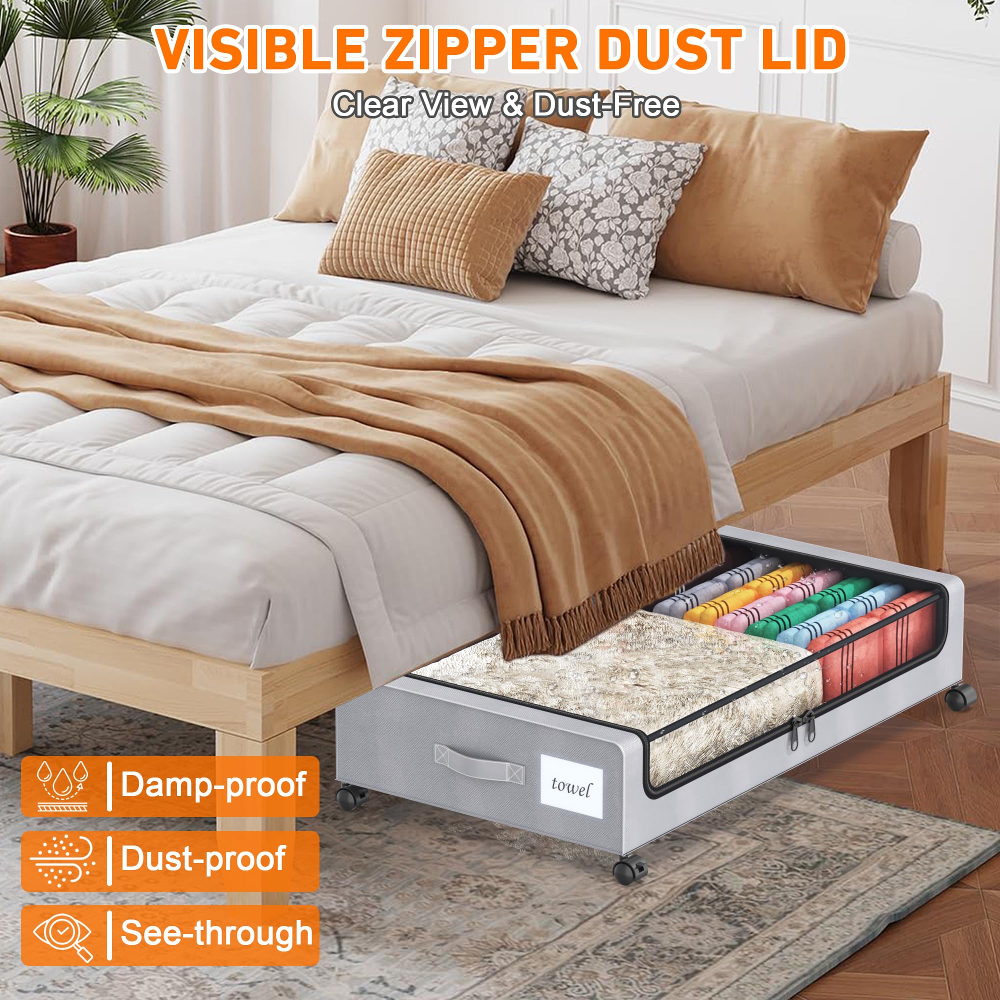 Unterbettkommode mit Rollen, 2 Stück, Unterbett-Aufbewahrungsbehälter mit transparenten Deckeln, XXL 60 l, Unterbett-Organizer, Metallschublade für Kleidung, Schuhe, Spielzeug (Grau, 2 Stück)