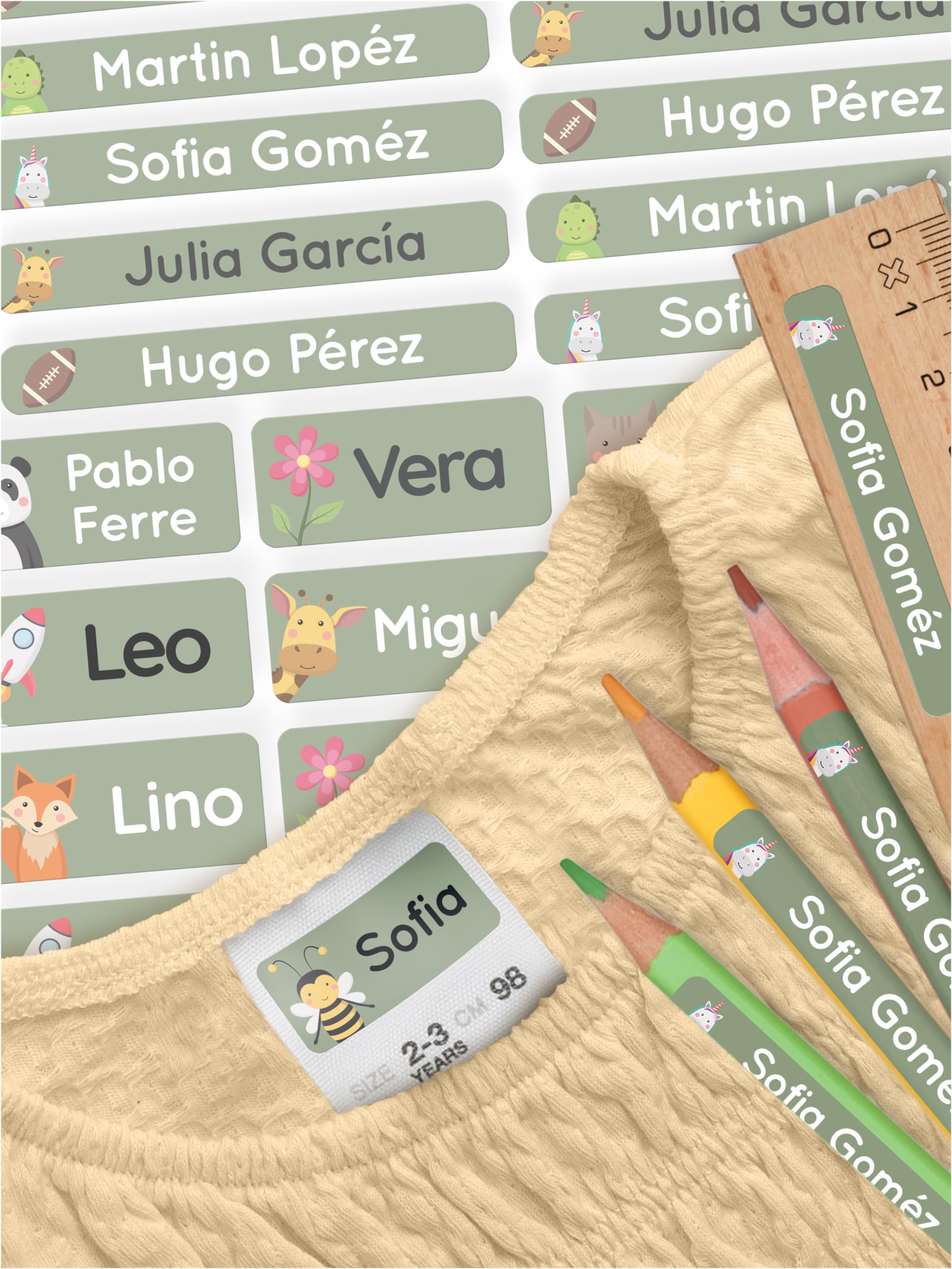 melu kids® Set de pegatinas personalizadas para ropa y objetos de niños (70, Verde) – Etiquetas con nombre impermeables y adhesivas para material escolar y guardería