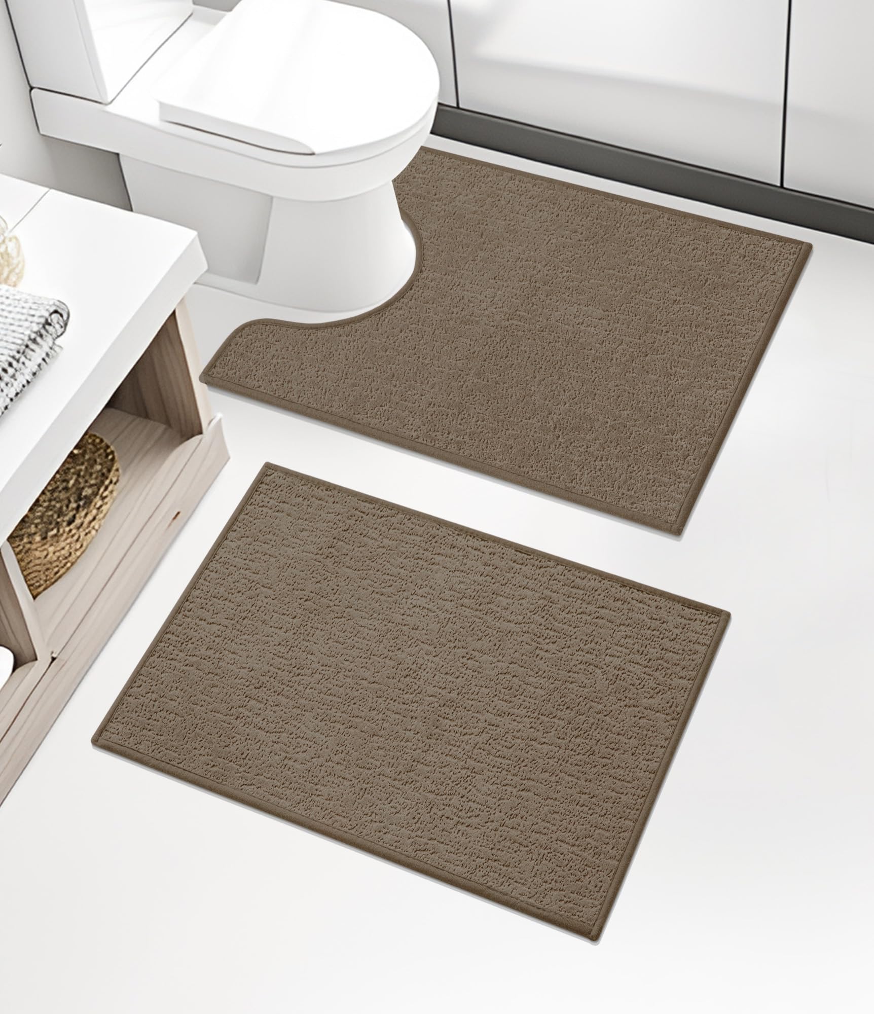 chakme 2 Piece Bathroom Rug Sets, Ultra Thin Bath Mat Quick Dry, Absorbent Non Slip Machine Washable, Coffee, 17" x 24"