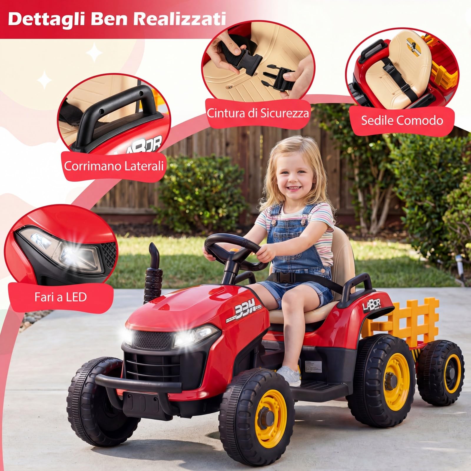 COSTWAY 24V Trattore Elettrico per Bambini, Macchina Cavalcabile con Telecomando, Clacson Musica, Connessione Wireless e Fari a LED, per Bambini 3 Anni+ (Rosso)