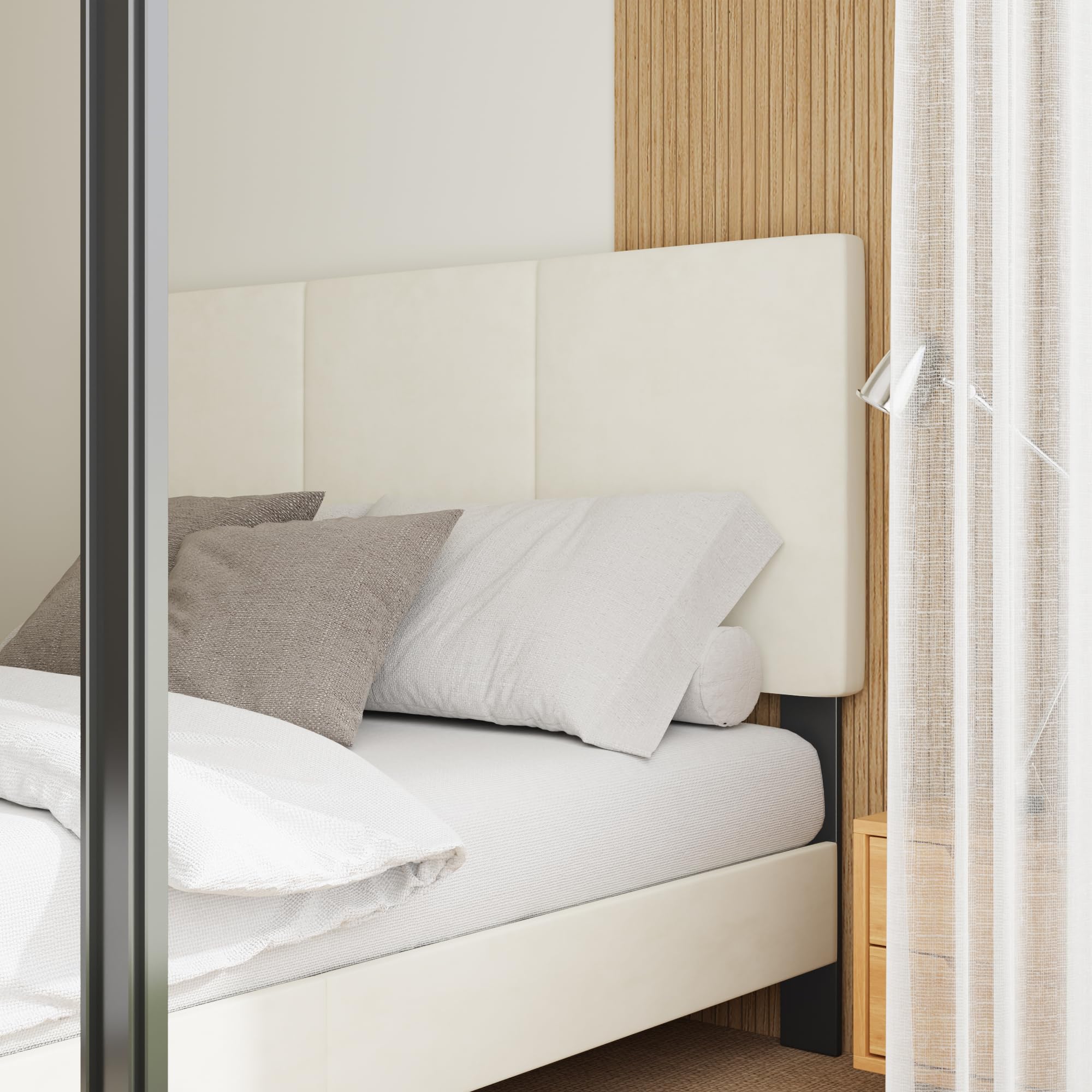 Base de cama tamaño Queen con cabecero, marco de cama de plataforma Queen de canal vertical, no requiere resortes, fácil de montar, beige 5