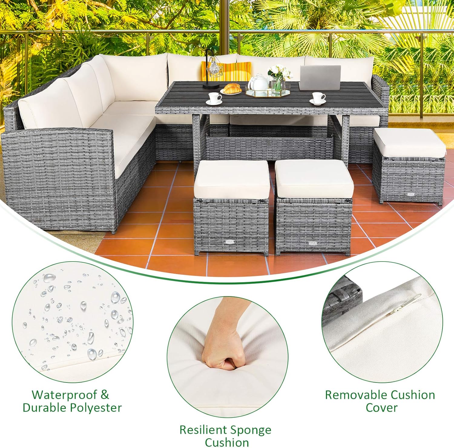 COSTWAY 7 PCS Wicker Outdoor Conversation Set, Patio Sectional Furniture Sofa Set with Table & Seat Cushions, Rattan Furniture Sets for Backyard Garden Poolside Porch, White