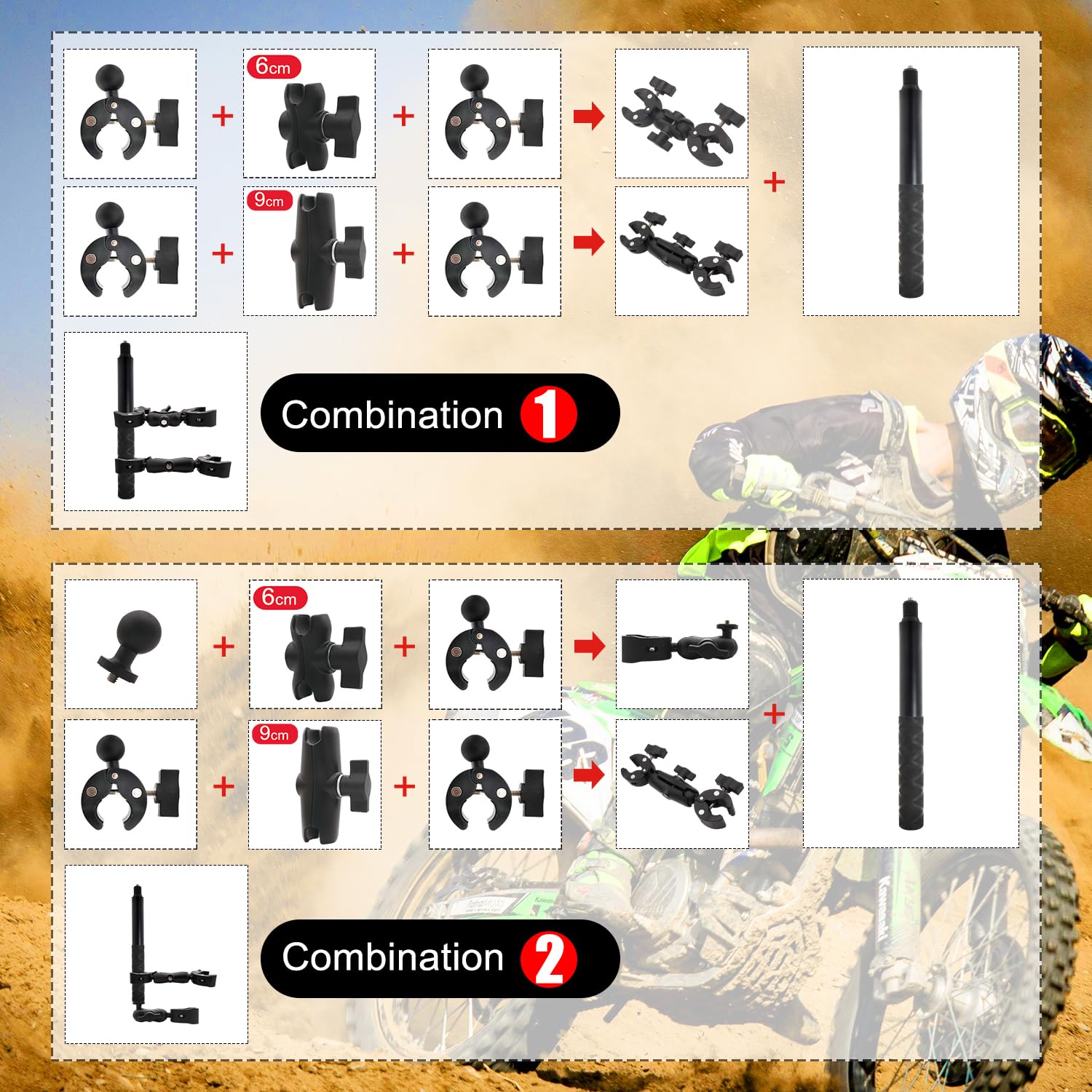 Motorrad Doppelt Klemme Halterung Kit mit 59" Unsichtbarem Selfie Stick kompatibel für Insta 360 X5 X4 X3 X2 X ONE RS R GO 3 Aluminium Legierung Hochbelastbar Lenker Klemme Halterung Zubehör