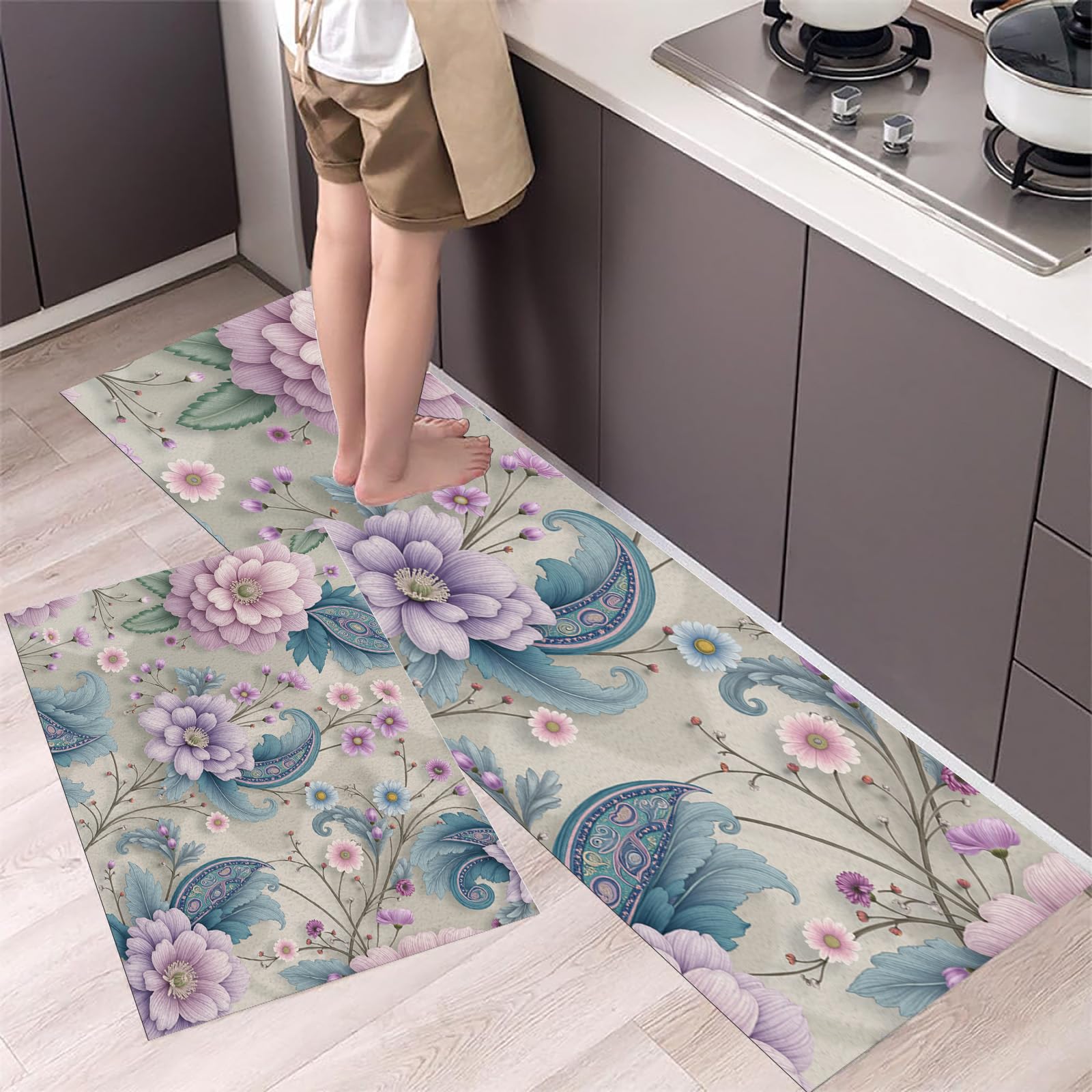 Alfombra de cocina lavable ideal para pasillo y comedor en juego de dos piezas azul
