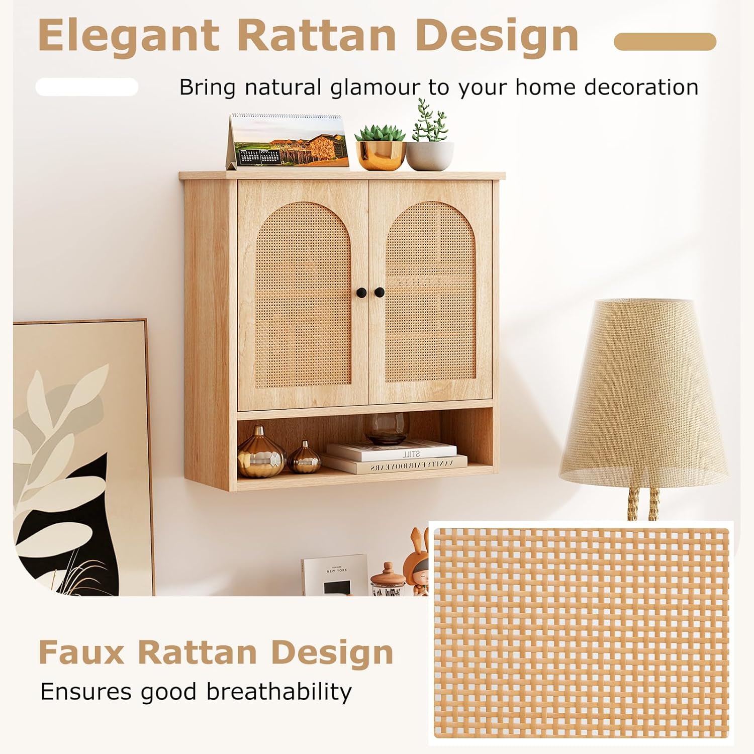 Tangkula Wall-Mounted Medicine Cabinet, with 2 Faux Rattan Doors & Adjustable Shelves, Open-Back Bathroom Cabinet Over The Toilet, Boho Hanging Storage Cupboard for Laundry Kitchen (No Back, Natural)