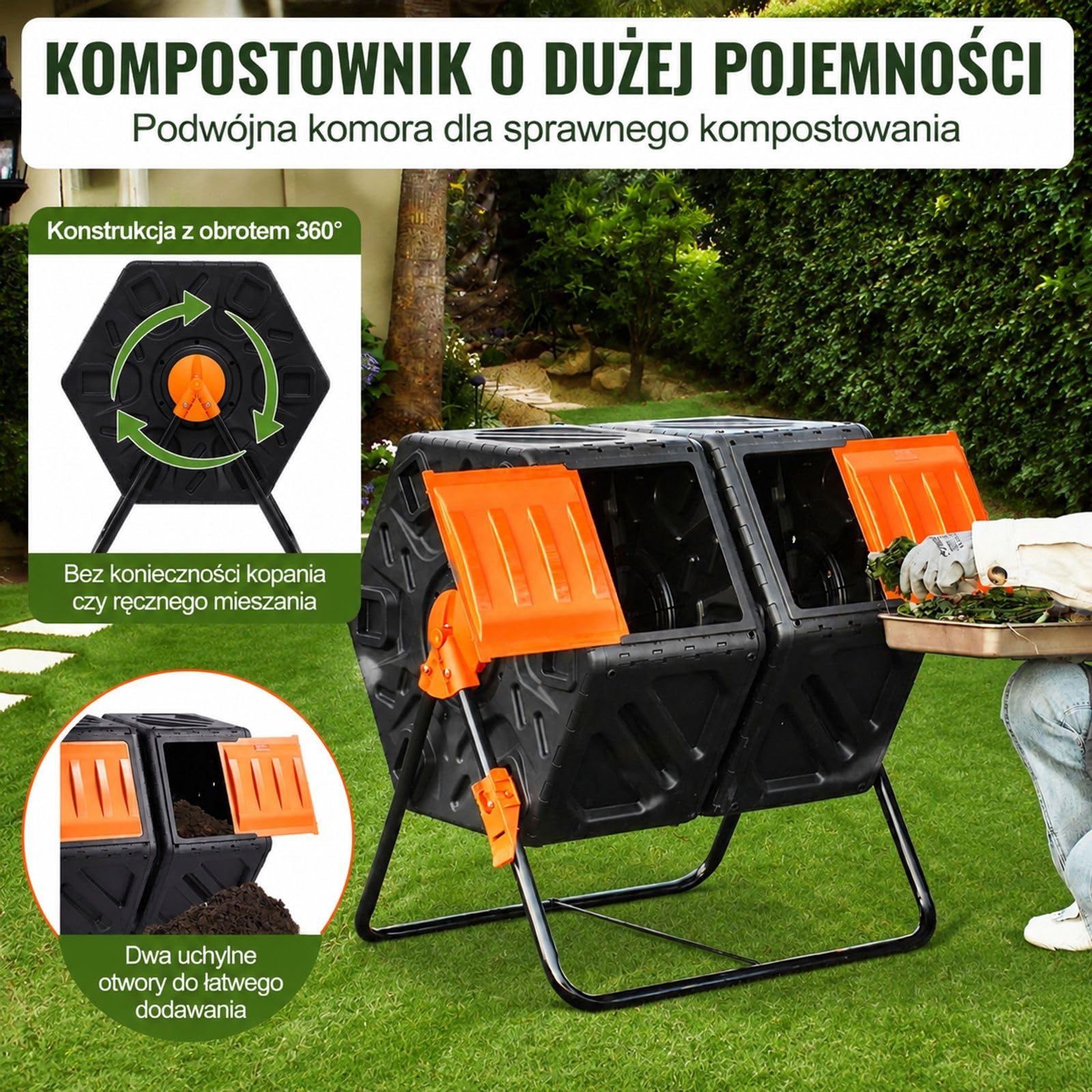 Obrotowy kompostownik 140 l z dwiema komorami i stalowym stelażem do ogrodu i na podwórko