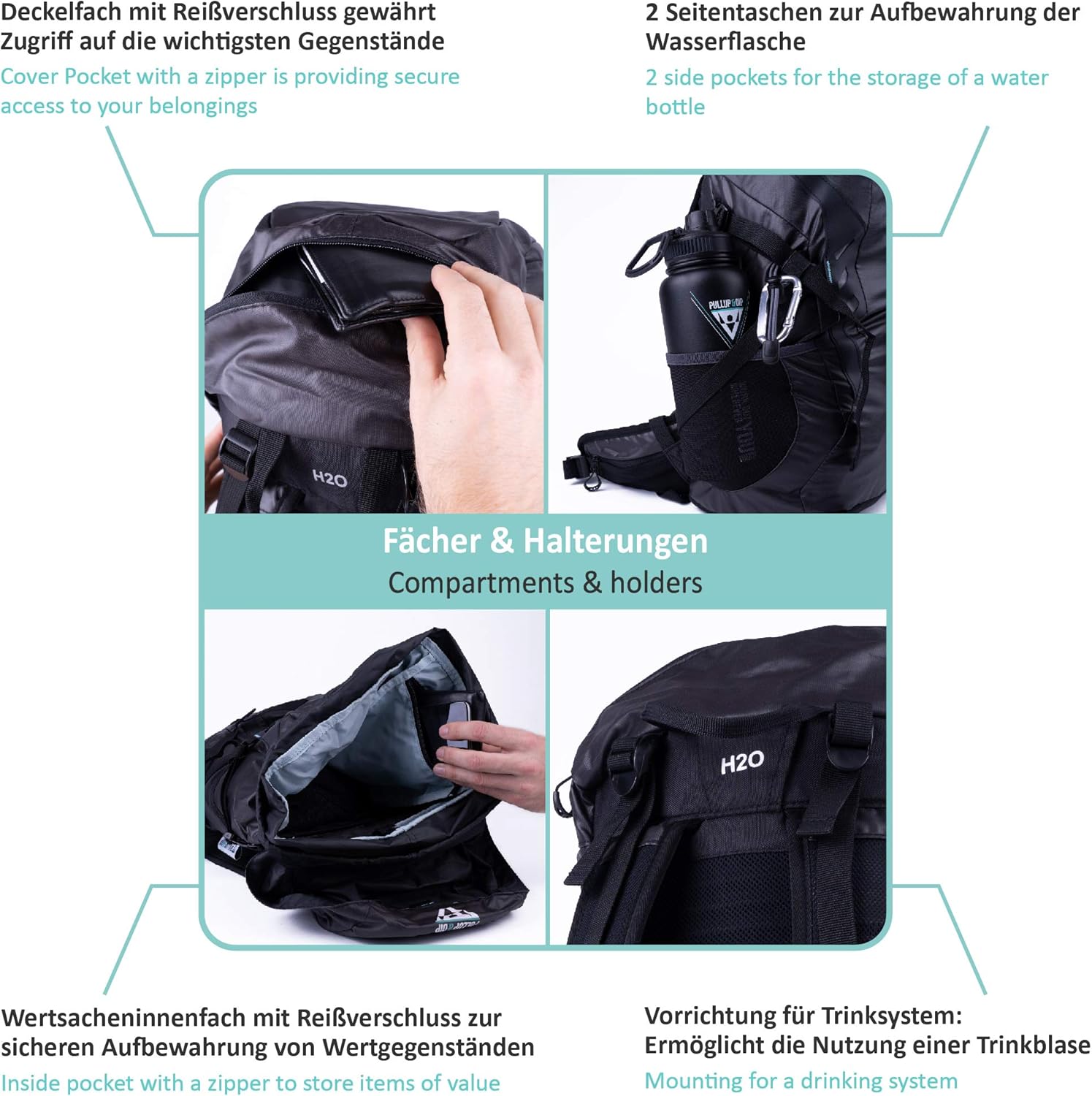 PULLUP & DIP water-repelling multifunctional Sports Backpack incl. carabine – 35L, lightweight & ideal for outdoor activities, hiking, running, cycling, travel and everyday life