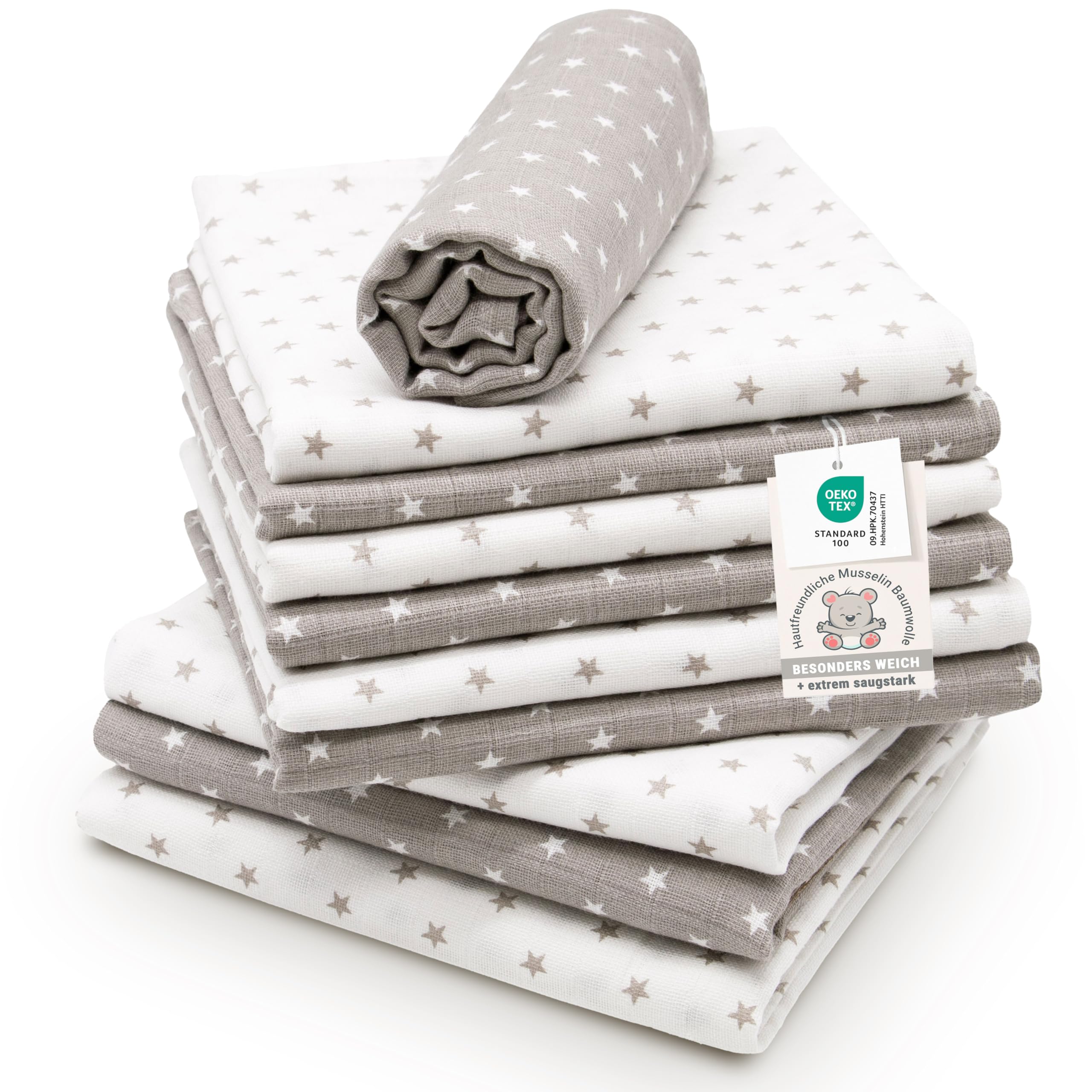 ZOLLNER 10er Set Musselin Spucktücher in 80x80 cm aus Baumwolle - hautfreundliche Mulltücher mit süßen Sternen - besonders weich und saugstark - waschbar bis 60°C - in grau weiß