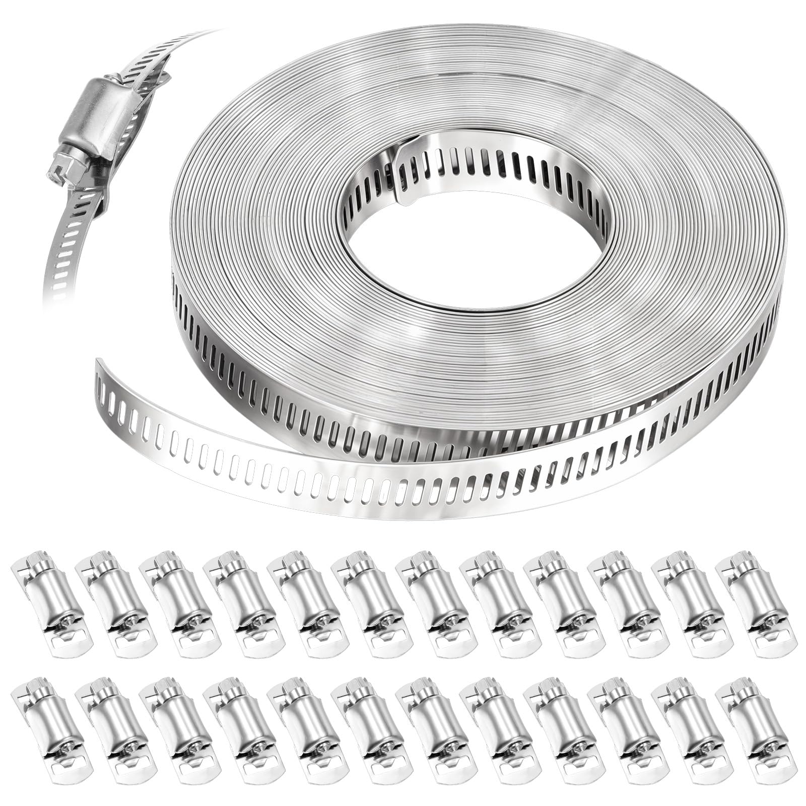 Kit surtido de abrazaderas de manguera de acero inoxidable 304, correa de metal de 32.8 pies + 24 sujetadores ajustables para tubería, conducto, tubo y línea de combustible