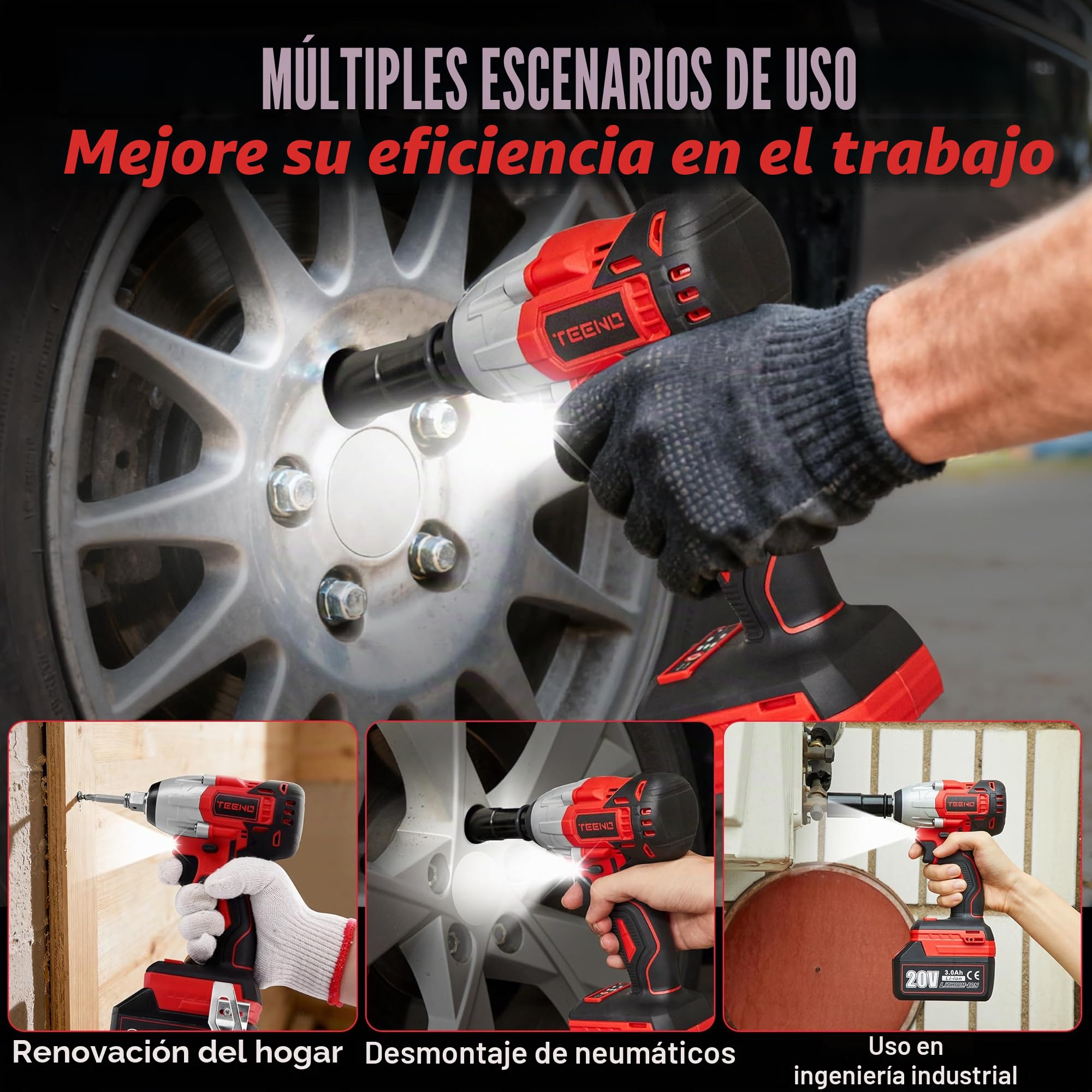 TEENO - Llave de impacto, atornillador de impacto inalámbrica, sin escobillas, 320 Nm, con batería de 3,0 Ah,andamio,pernos de ruedas,caja de 25 accesorios 2 Baterías