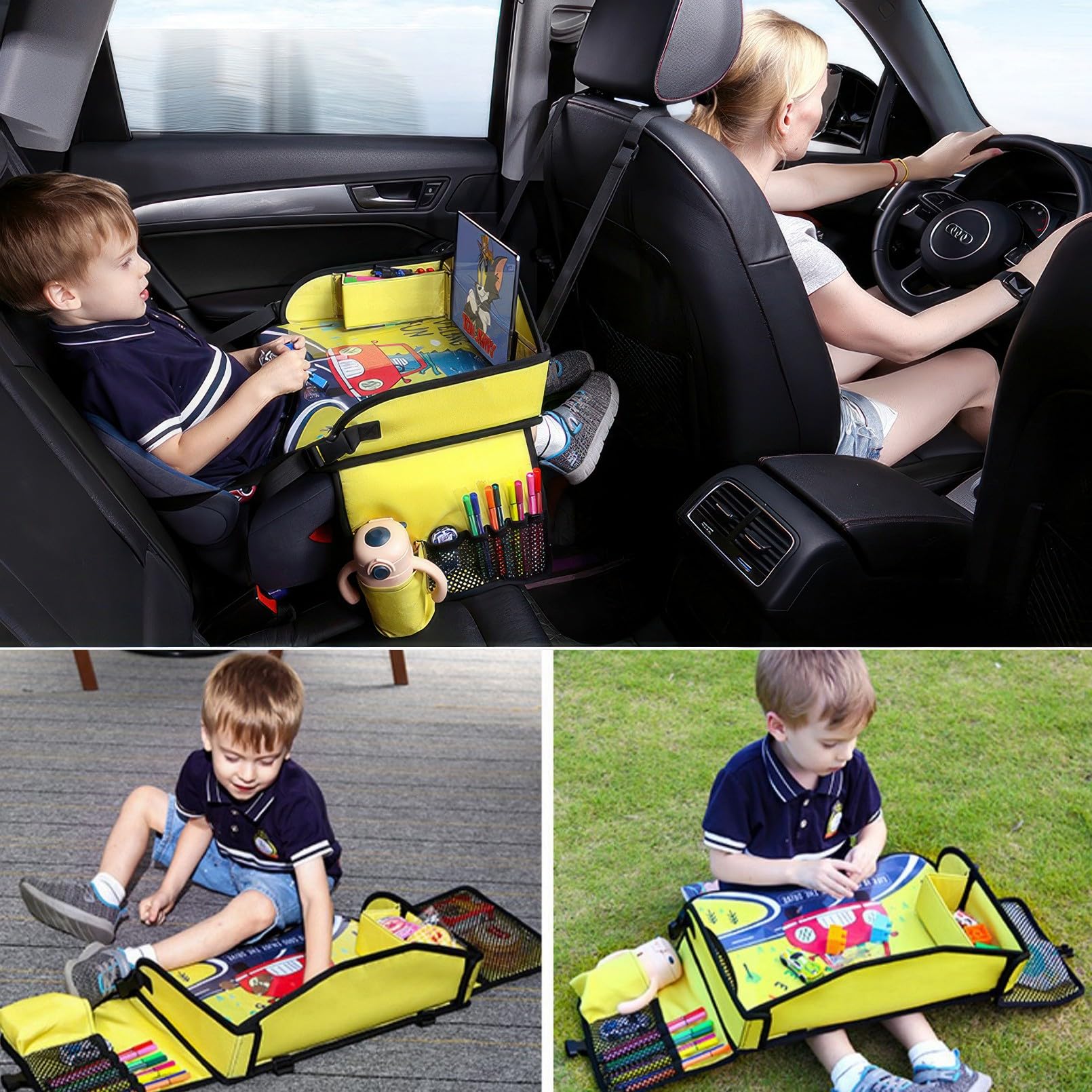 Vassoio da viaggio per bambini per seggiolino auto per, vassoio da viaggio per auto, aereo, vassoi per auto per bambini, accessori essenziali per viaggi su strada, con 15 sacchetti