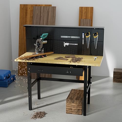 Miniatura 8 de Dextra Banco de trabajo con tablero de clavijas y cajones banco de trabajo ajustable de 55 pulgadas con tomas de corriente mesa de trabajo de madera