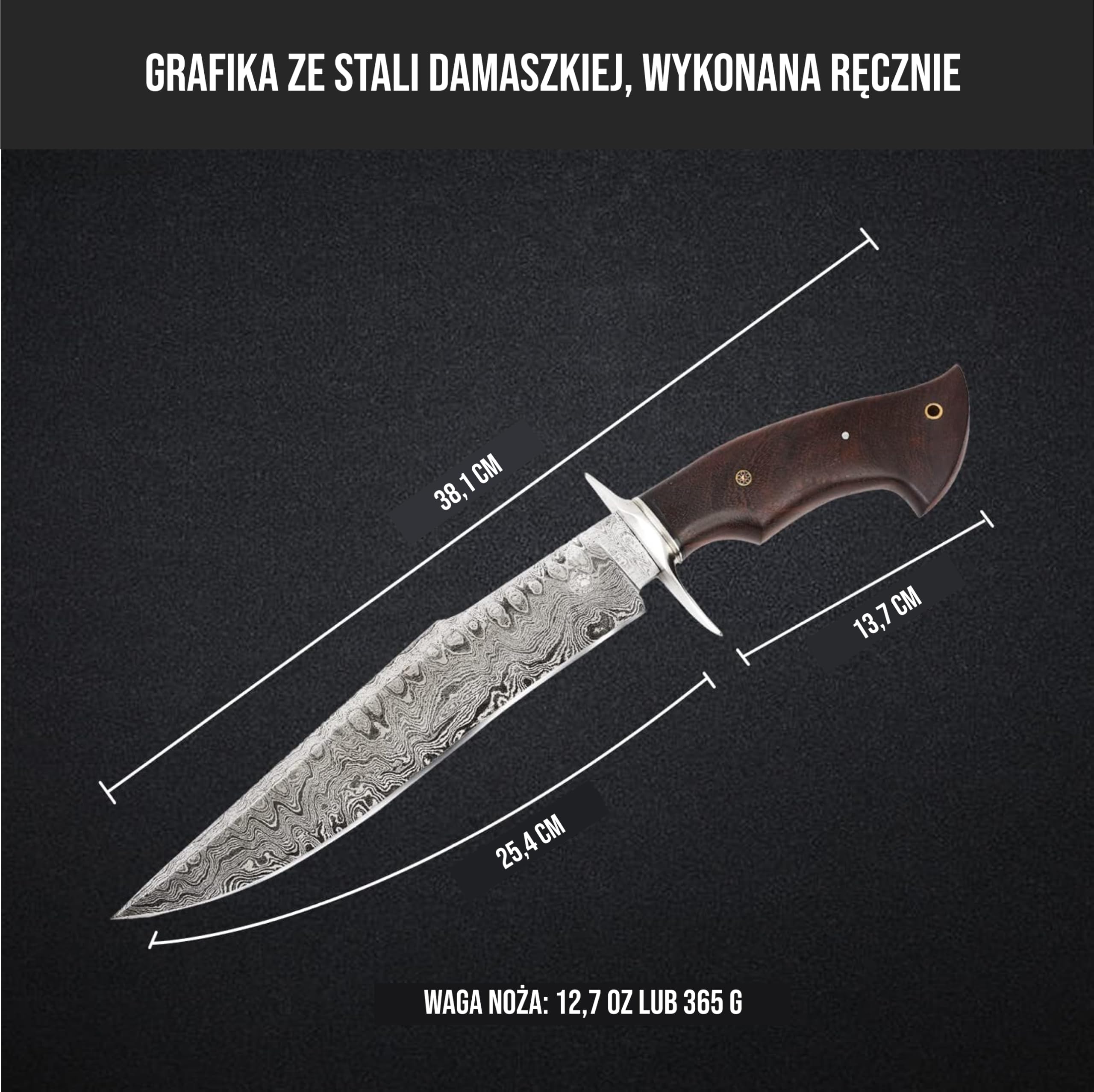 BIGCAT ROAR Ręcznie Wykonywany Nóż Myśliwski z Damasceńskiej Stali – Nóż o Stałym Ostrzu z Pochwą i Rękojeścią z Drewna Orzechowego 15″ – Nóż do Skórowania EDC – Wrzeszczący Orzeł