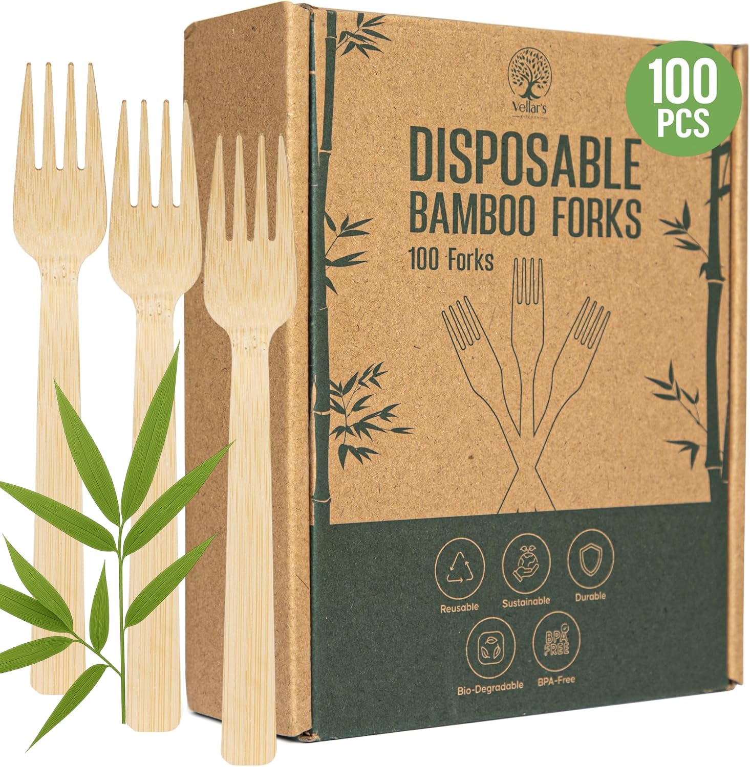 High-End Disposable Bamboo Forks, 100-Count Set; BPA Free Splinter-Free Biodegradable & Ethically Sourced Compostable Cutlery Perfect for Appetizers and Cocktails – Bamboo Forks Disposable