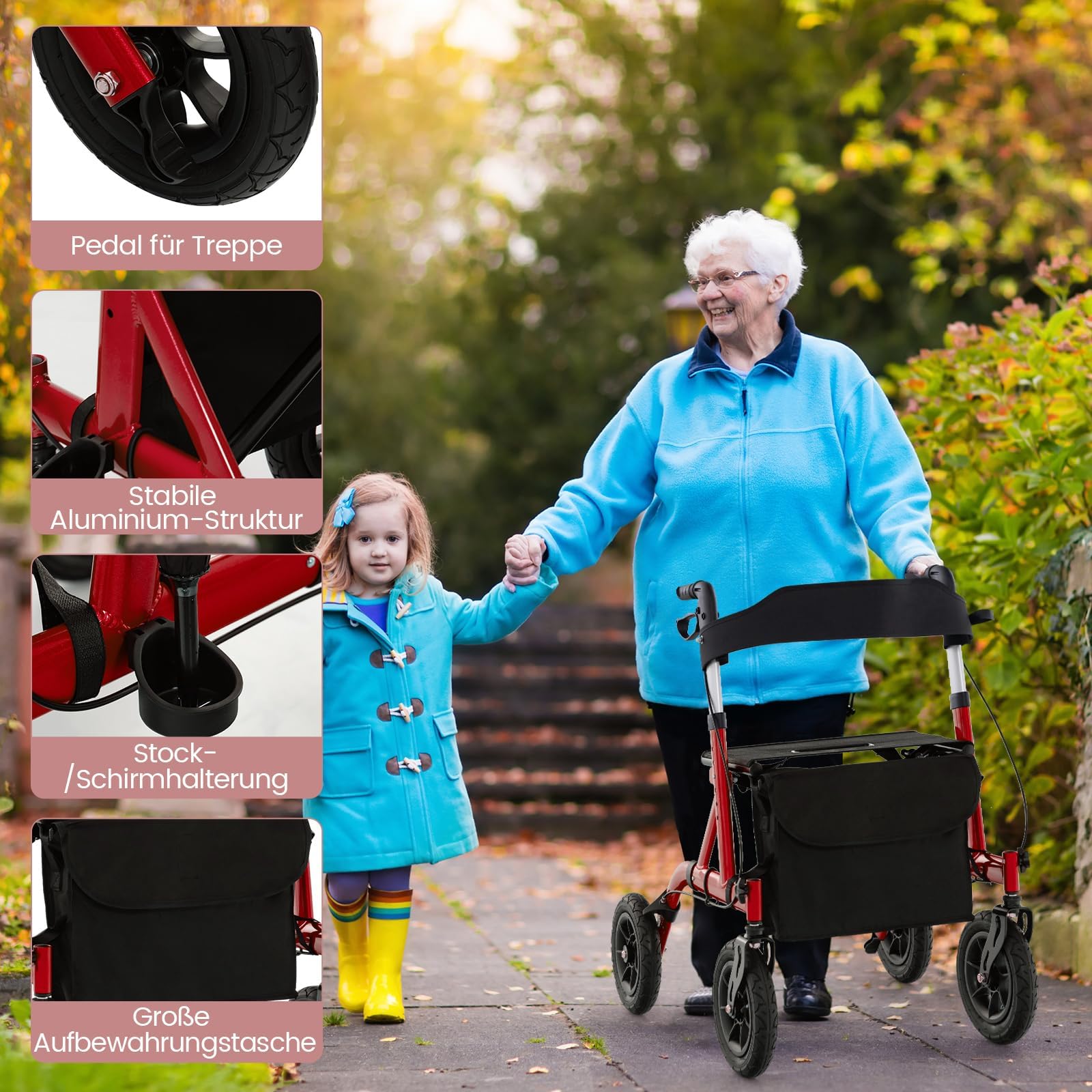 FANTASK Rollator mit Sitz für Senioren, Rollatoren Aluminium 6-fach höhenverstellbar, faltbar und leichtgewicht Laufhilfe mit Luftbereifung, 2 in 1 Rollstuhl & Reiserollator bis 160kg (Rot)