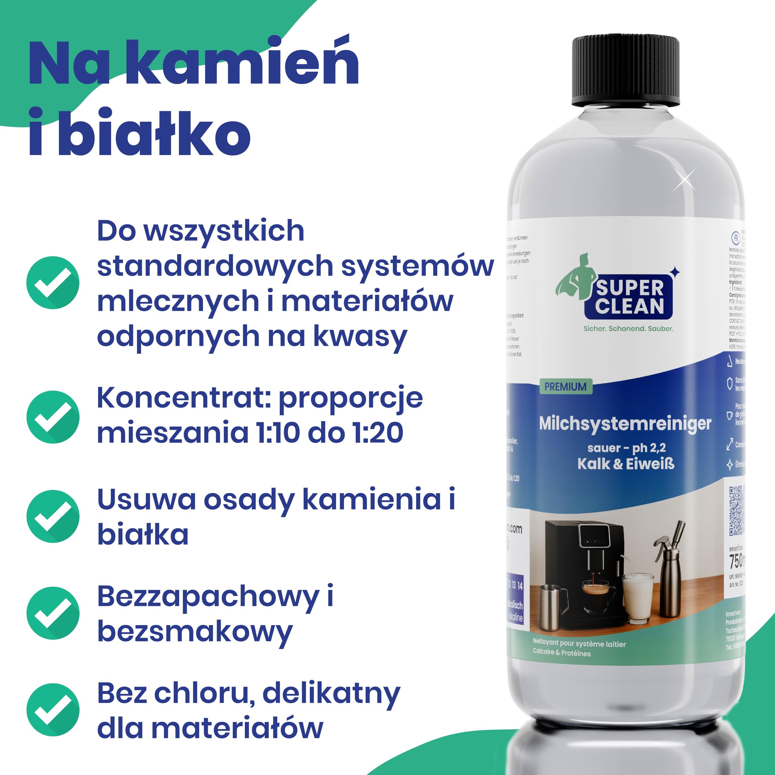 SUPER CLEAN Środek do czyszczenia systemu mlecznego z kwasem, 1 x 750 ml – odkamieniacz i rozpuszczalnik białkowy do ekspresów do kawy, spieniacza do mleka i przyrządu do przygotowywania śmietany, pH