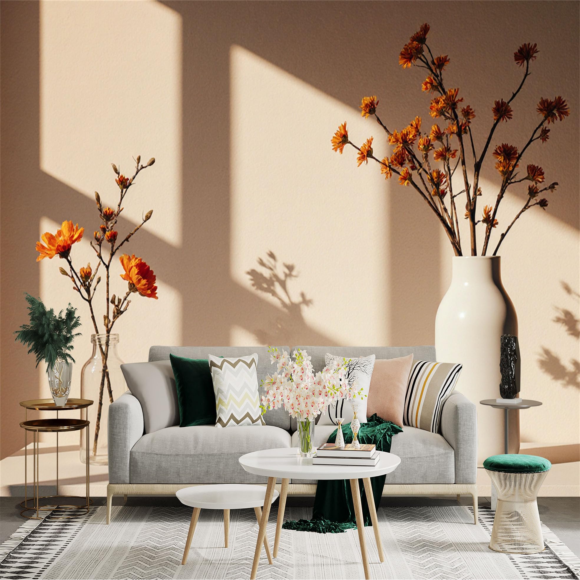 Custom Size Wall Sticker Mural， Minimalist Still Life with Orange Flowers， White Ceramic Vases and Books， Soft Sunlight Shadows， for wall Decoration， peelandstick wall Decals.