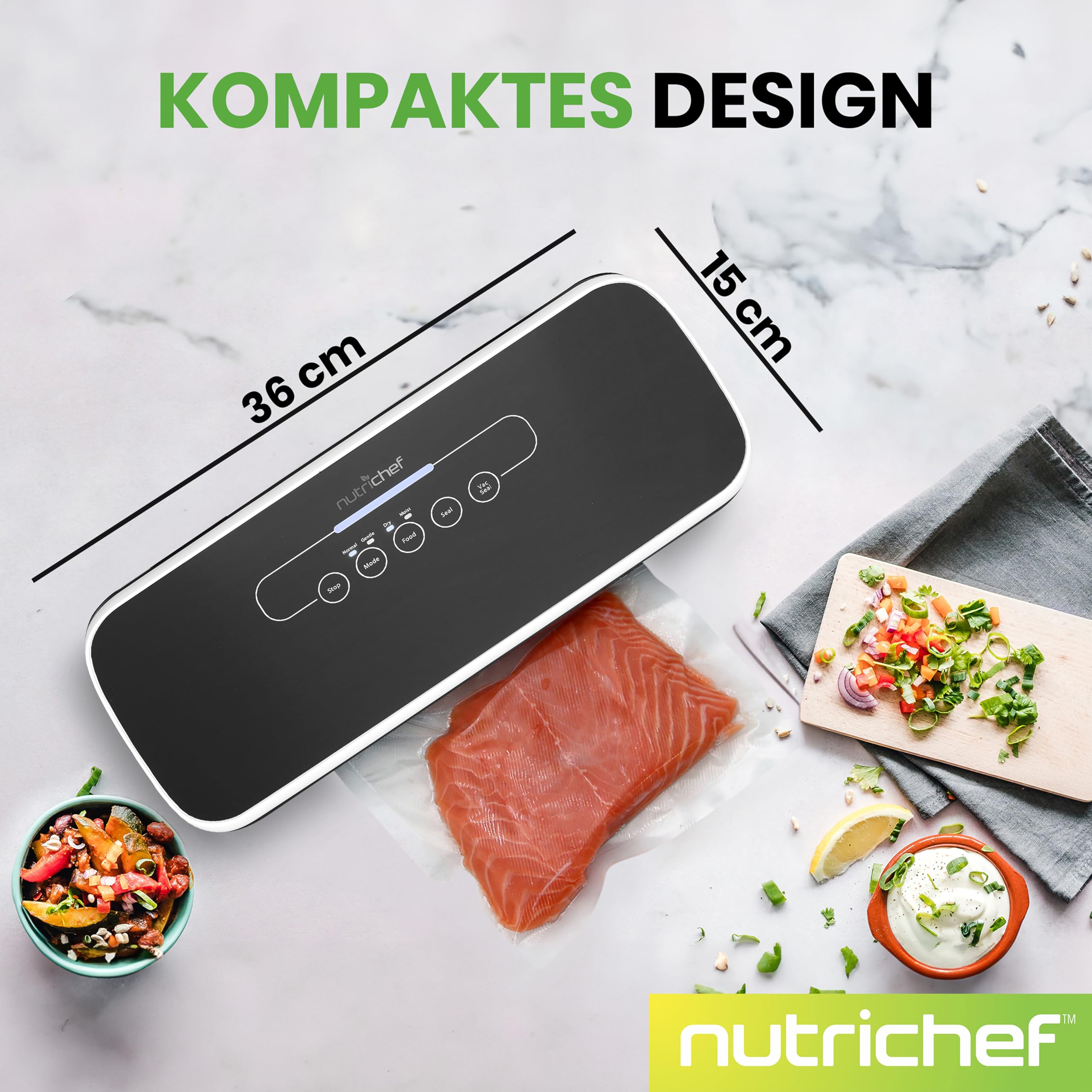 NutriChef Vakuumiergerät für Lebensmittel, Sous Vide – Vacuum Sealer – Folienschweißgerät Set inkl. Versiegelungsgerät Weinverschluss, Vakuumierer Luftsaugschlauch, 5 Vakuumbeutel & 1 Seal Vakuumrolle