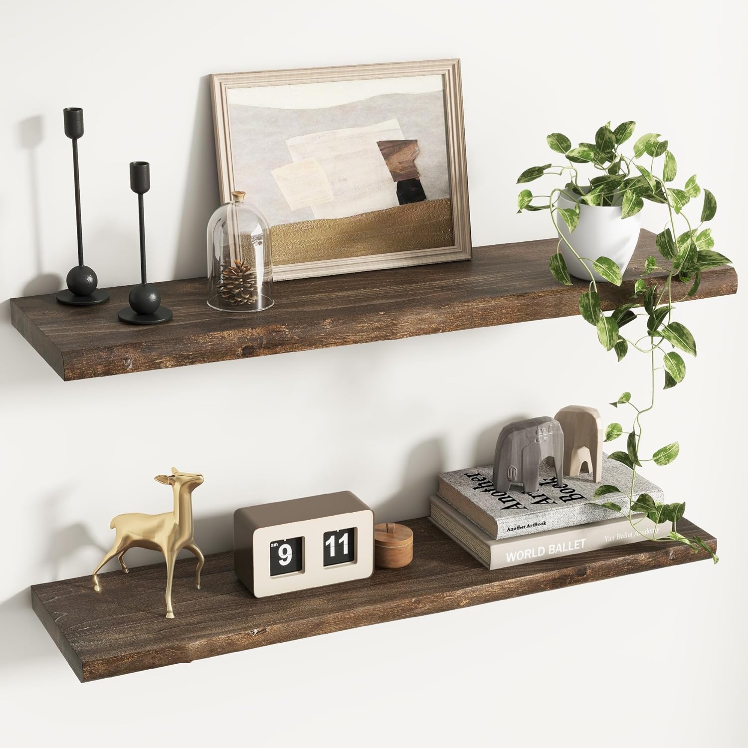 Rustic Elm Wood Floating Shelves for Wall, Live Edge 36"W x 9.2"D x 1.4"H, Set of 2 with Invisible Bracket, Wall Mounted Storage Shelves for Living Room Bedroom Kitchen Bathroom Decor, Walnut Finish Walnut Finish Live Edge, 36"W, 2Packs