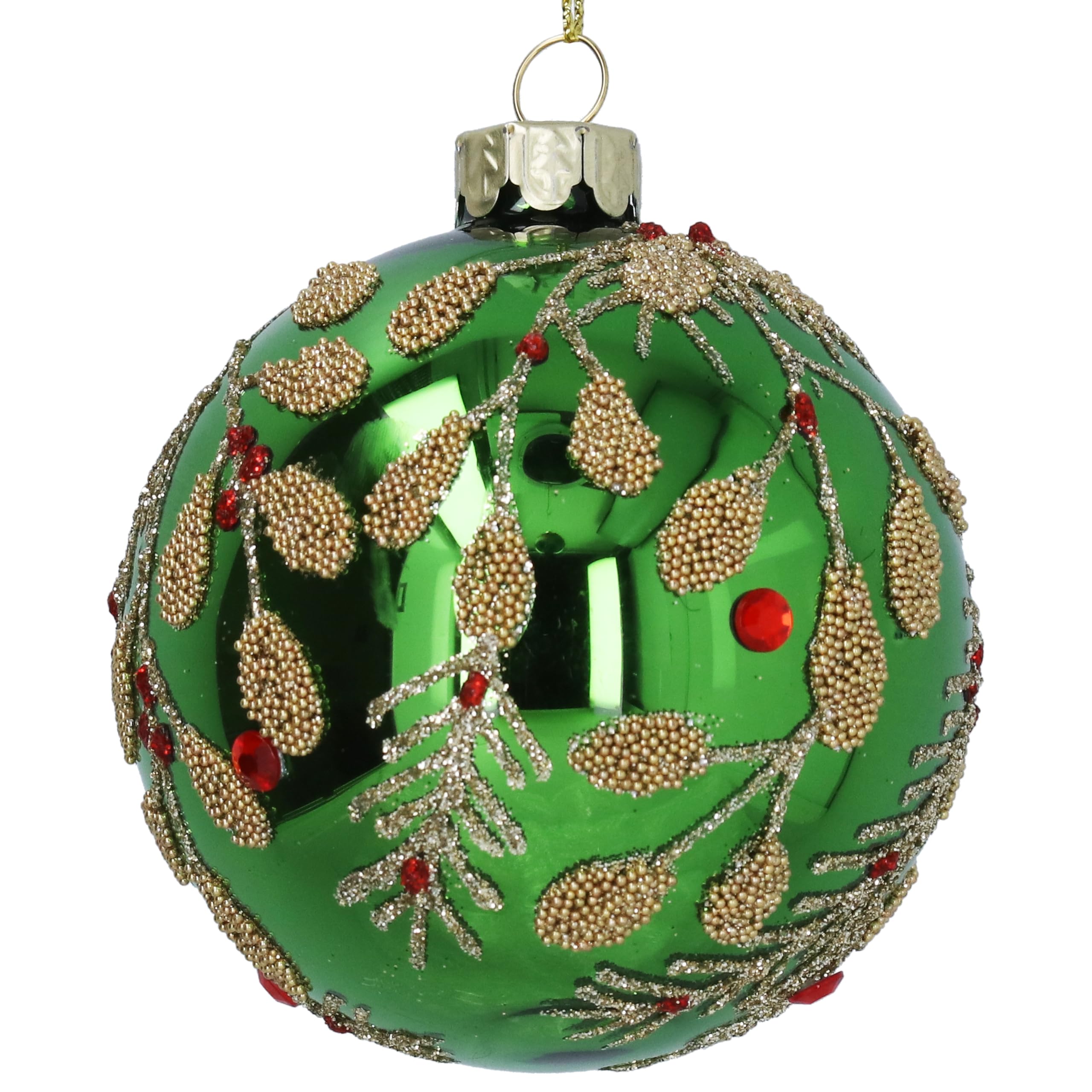 Gisela Graham Green Glass Christmas Bauble, Gold Beaded Vines, Round, 8cm