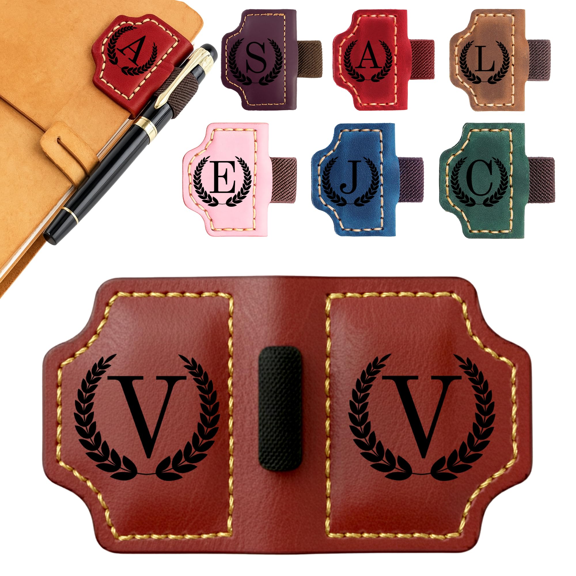 Personalized Bookmark with Pen Holder, Custom Leather Bookmarks with 26 Letters, Personalized Magnetic Pen Holder Bookmark, Magnetic Bookmarks for