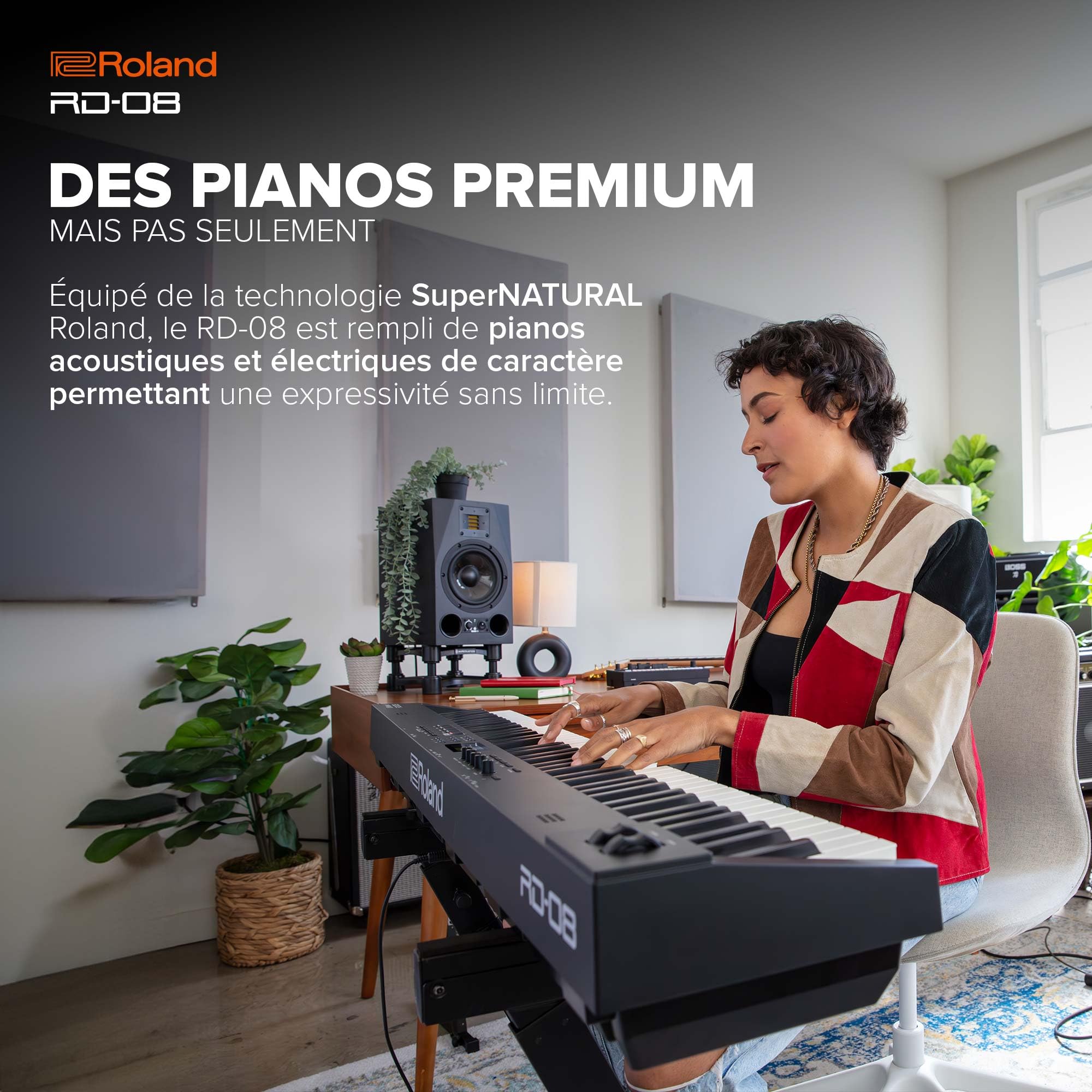 Roland Piano de scène RD-08 | Sons et jouabilité authentiques | Modèle épuré | Clavier PHA-4 88 touches lestées | Fonctions extensibles | Plus de 3000 sons