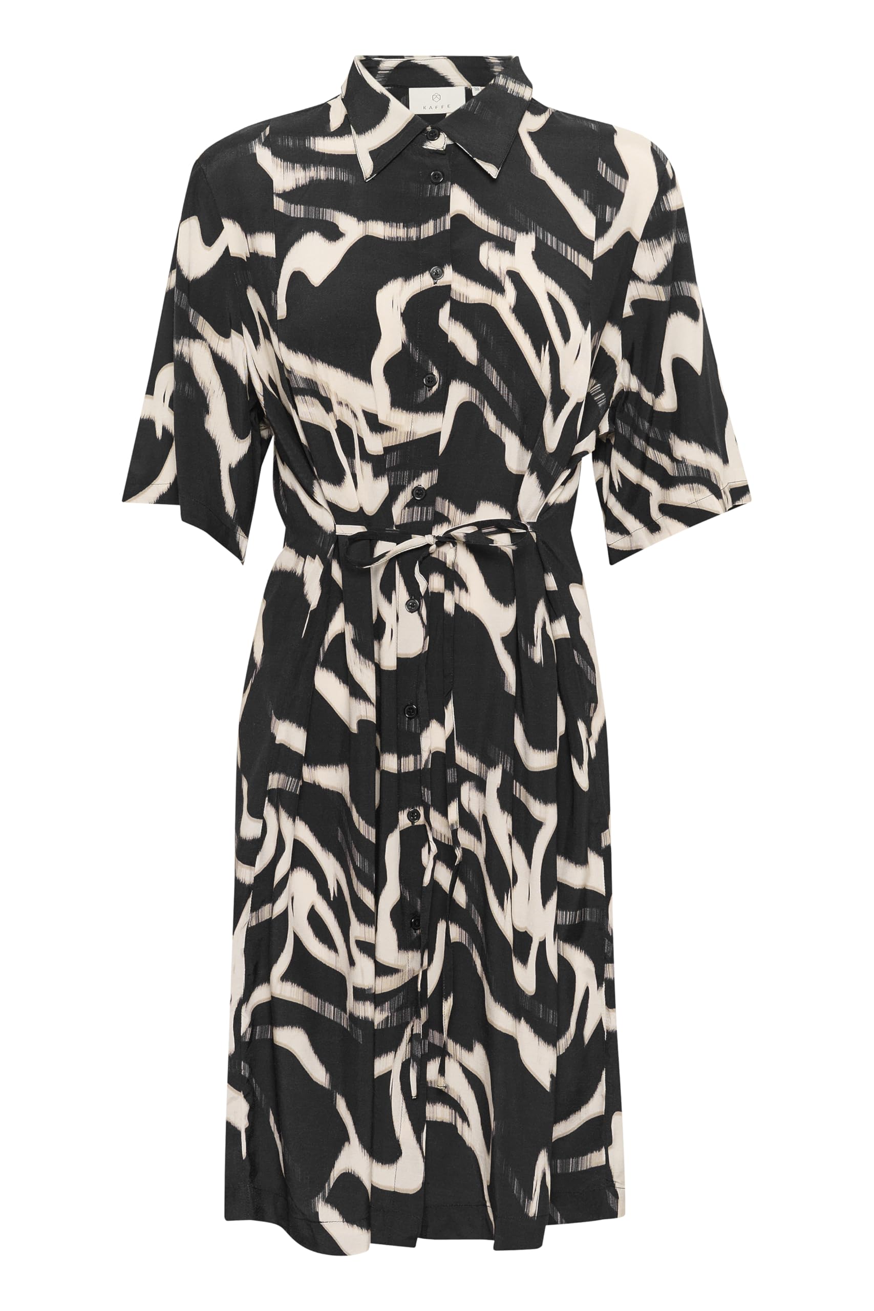 KAFFE Women's Shirt Dress Half Sleeves Buttons Belted Knee Length Regular Fit, Black/Nature Organic Lines, 18