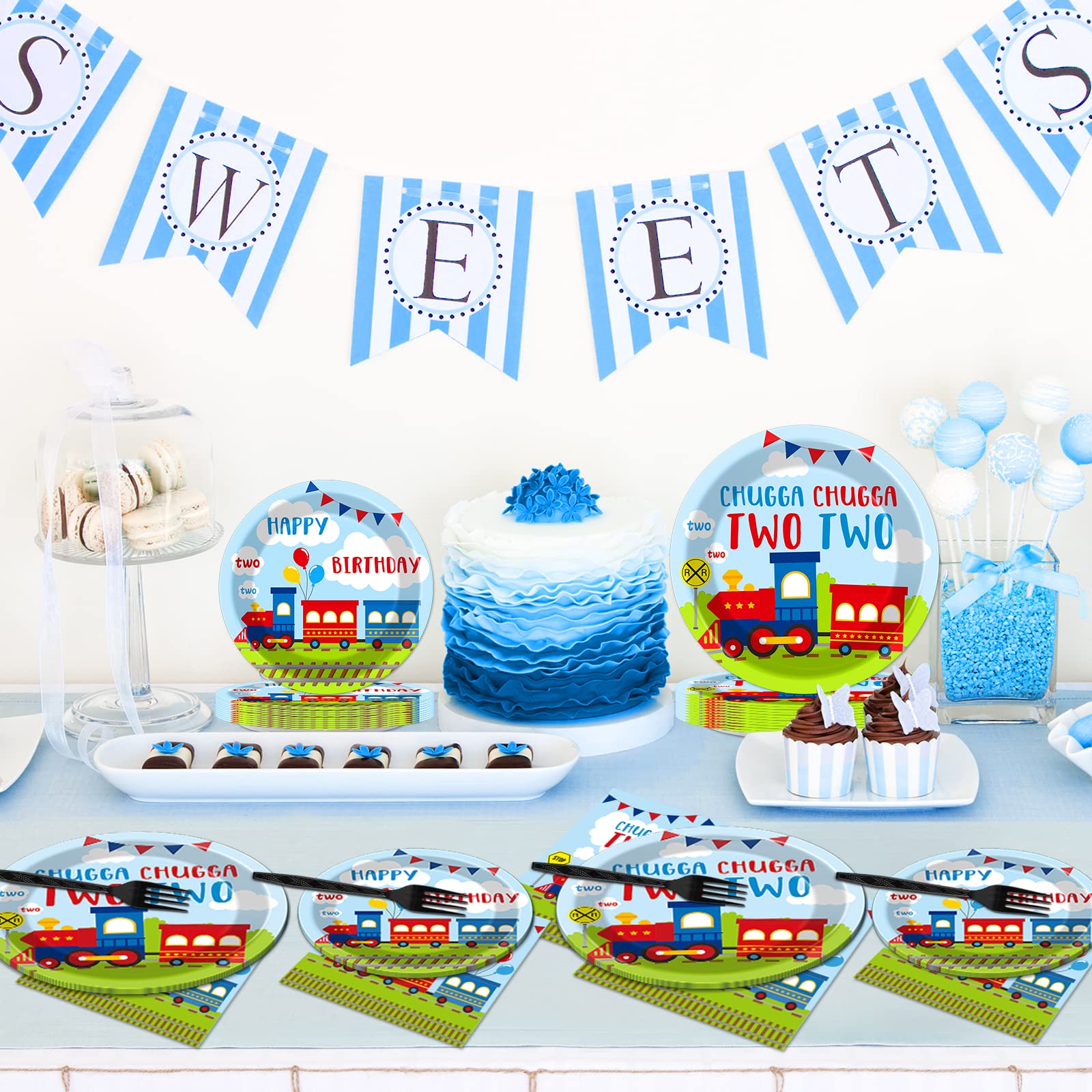 Chugga Chugga Two Two Party Supplies Train 2nd Party Train 2nd Birthday Plates For Boys Includes Plates Cups Napkins Tableware For Boys Birthday,Serves 30 Guests