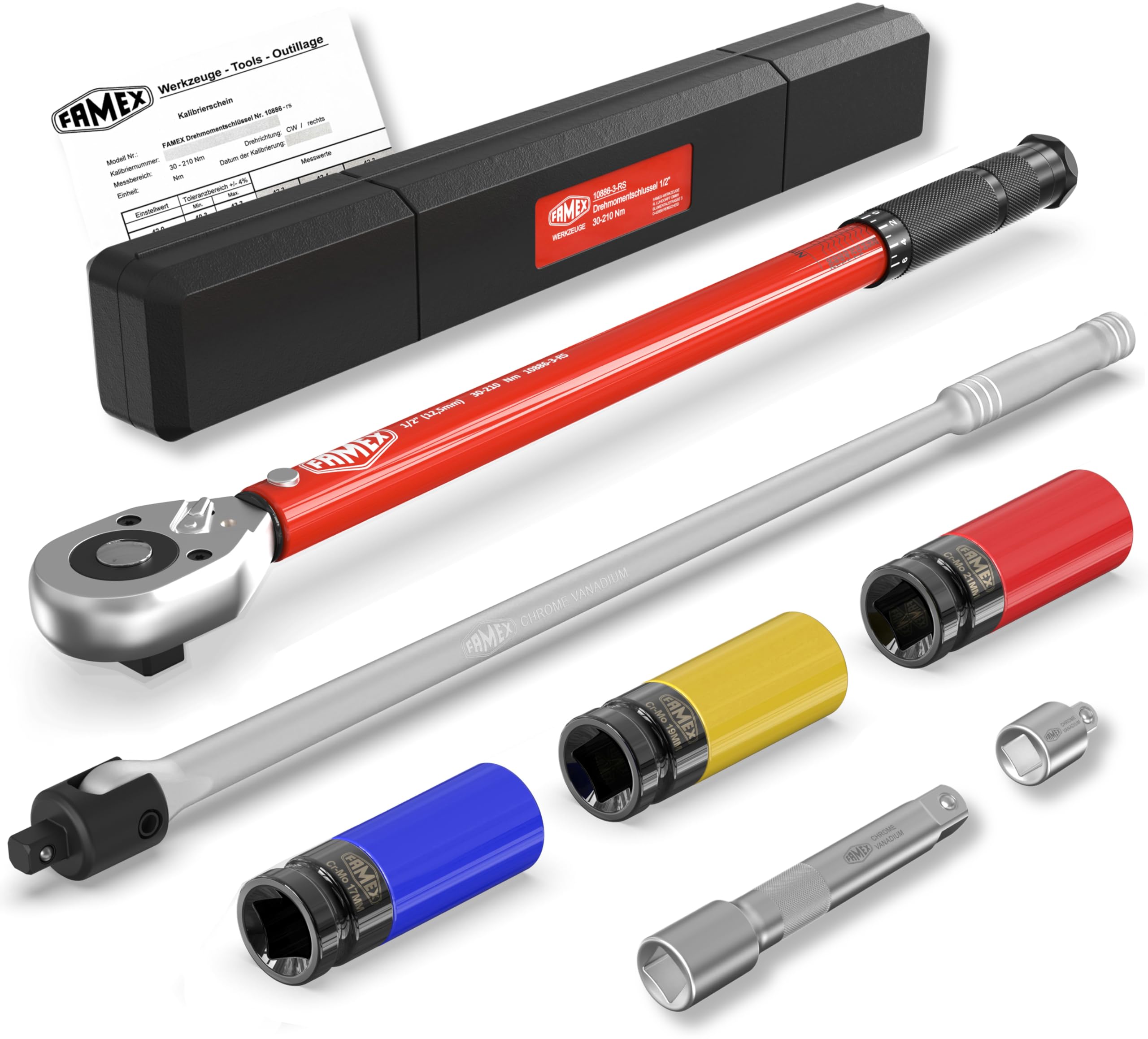 FAMEX 10914 zestaw kluczy dynamometrycznych 1/2" (12,5 mm) 30-210 Nm, do wymiany opon – w zestawie 3 klucze nasadowe i bardzo wytrzymały klucz przegubowy 60 cm 630 Nm, przedłużenie, zestaw do wymiany