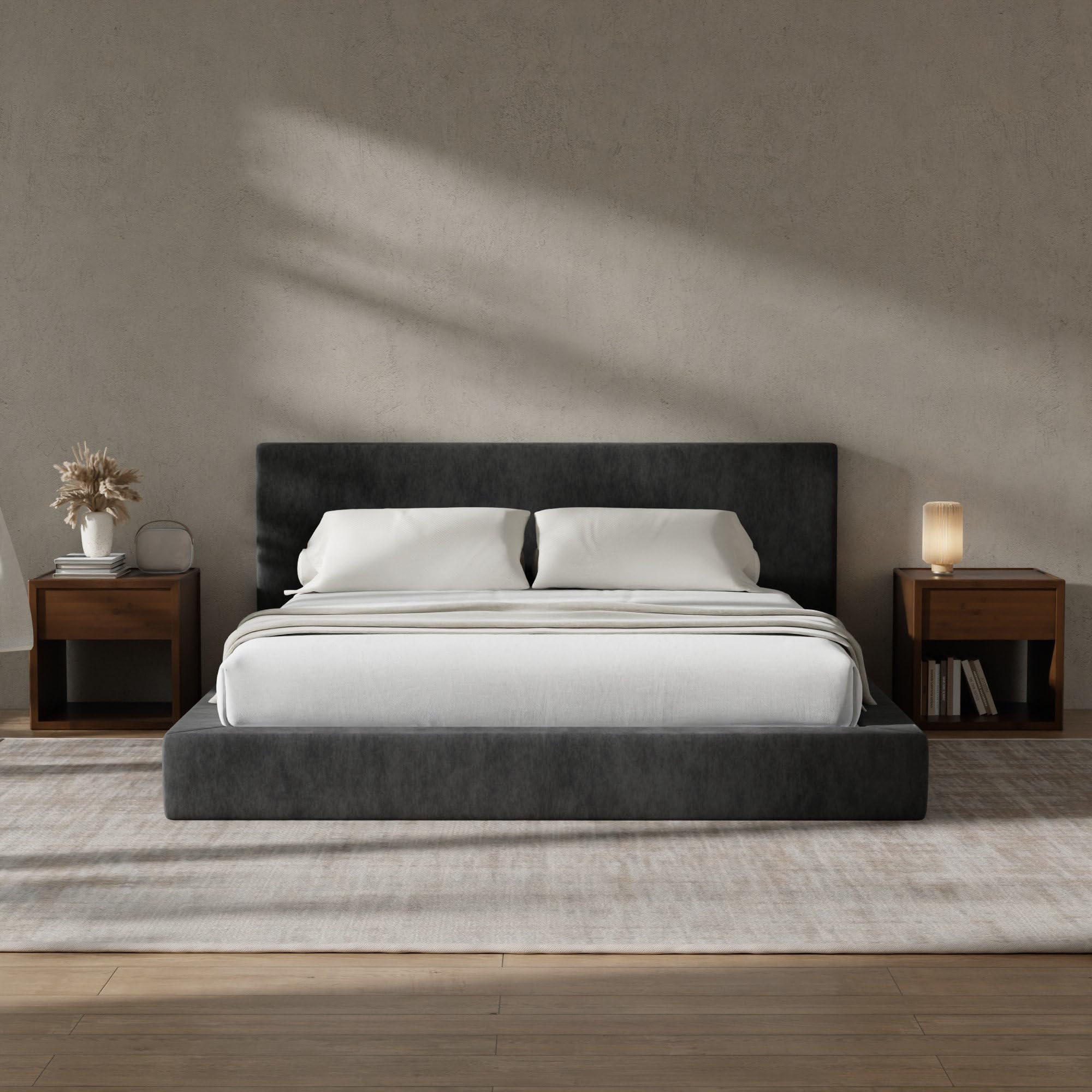 RECCI Cloud Polsterbett mit gepolstertem Kopfteil, 5 cm weiche Schaumstoffpolsterung, doppelbett ohne Boxspring, leises Bettgestell im Schlafzimmer, familienbett (Schwarz)