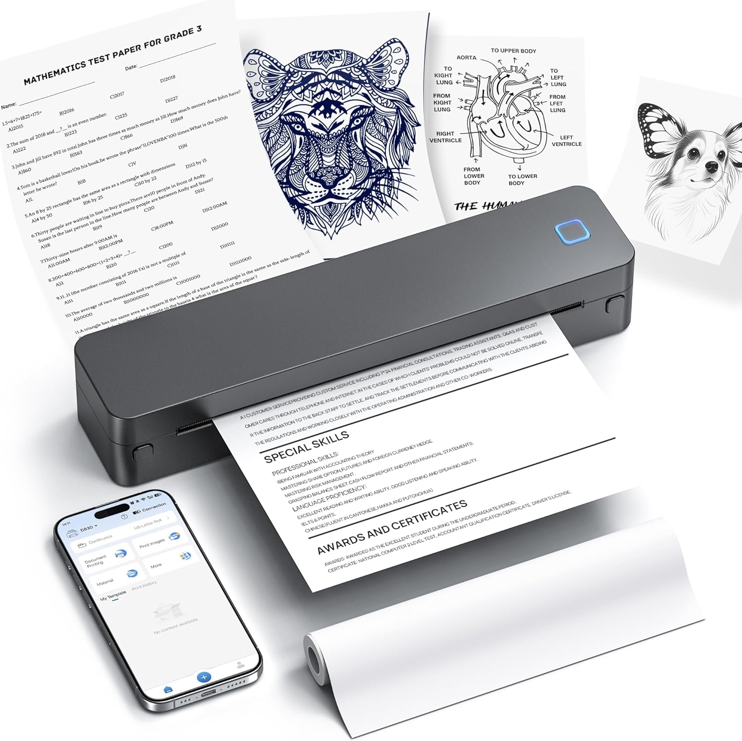 D830 Portable Printer Wireless for Travel, Supports 8.5 x 11 Inch Thermal Paper, Bluetooth Compatible with iOS, Android, Laptop, Grey