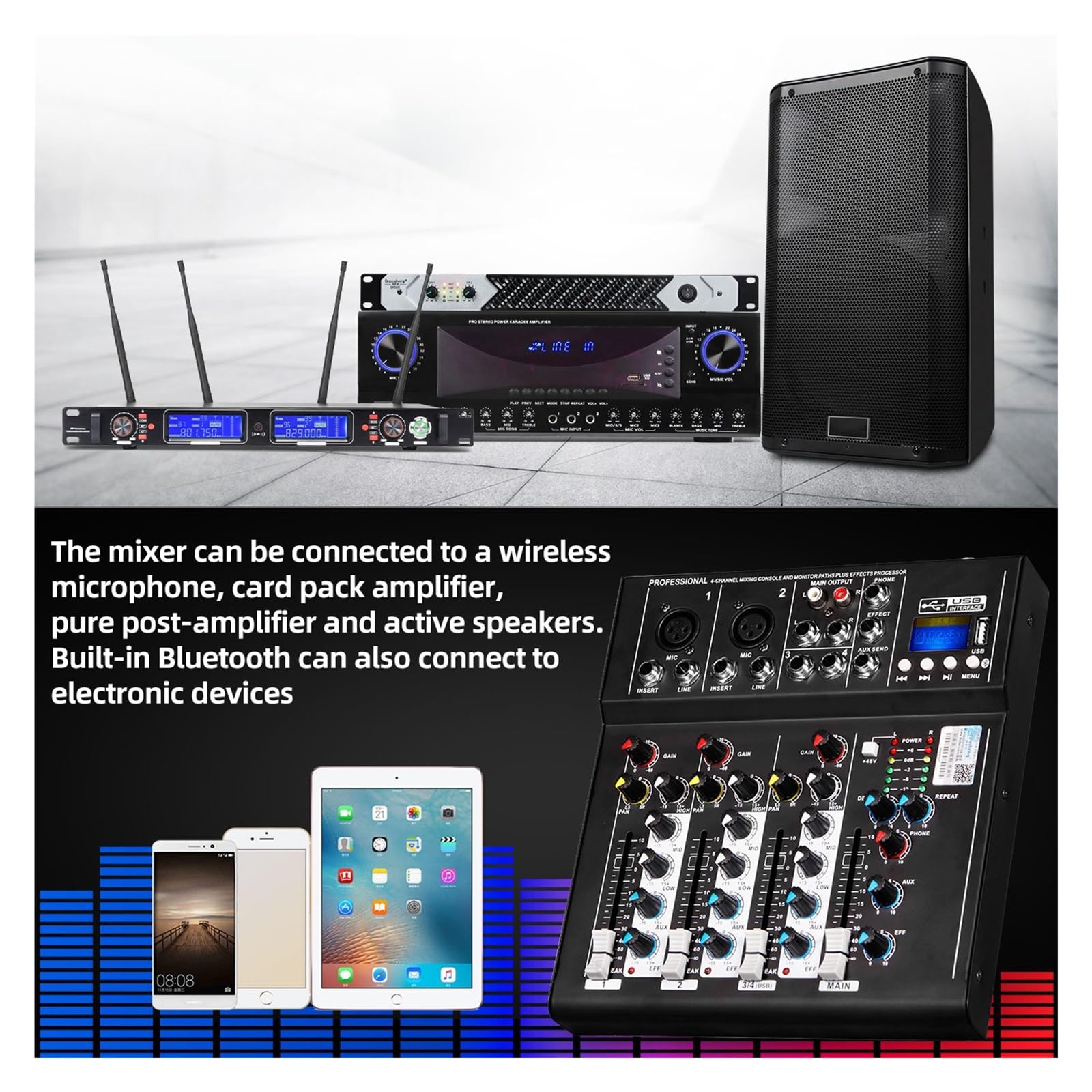 4-kanałowy mikser dźwięku DJ F4 Mikser Bluetooth PC USB Odtwarzanie Nagrywanie Kontroler 48 V Konsola miksująca