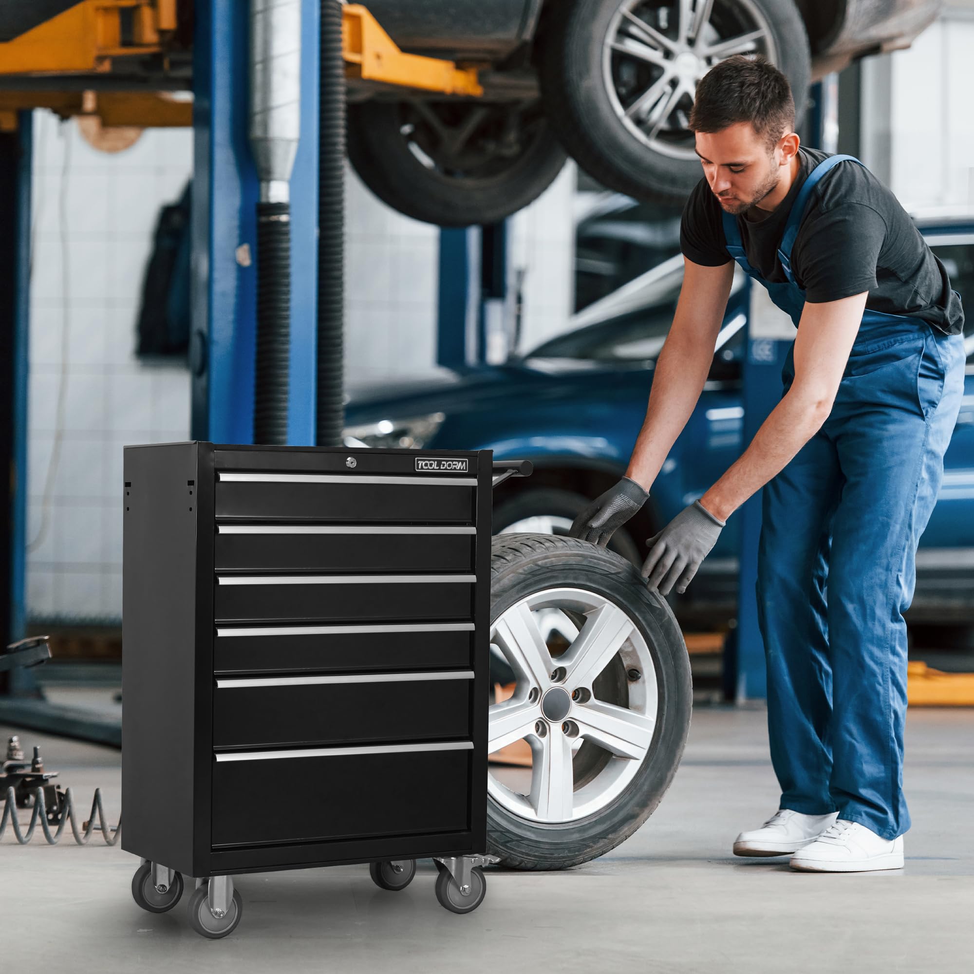 Carro De Herramientas De Metal,Con 6 Cajones Y Ruedas,Caja De Herramientas Rodante Con Cajones Con Cerradura,Organizador De Almacenamiento Para Garaje,Taller,Taller De Reparación,Negro,61.5x 33x 86cm