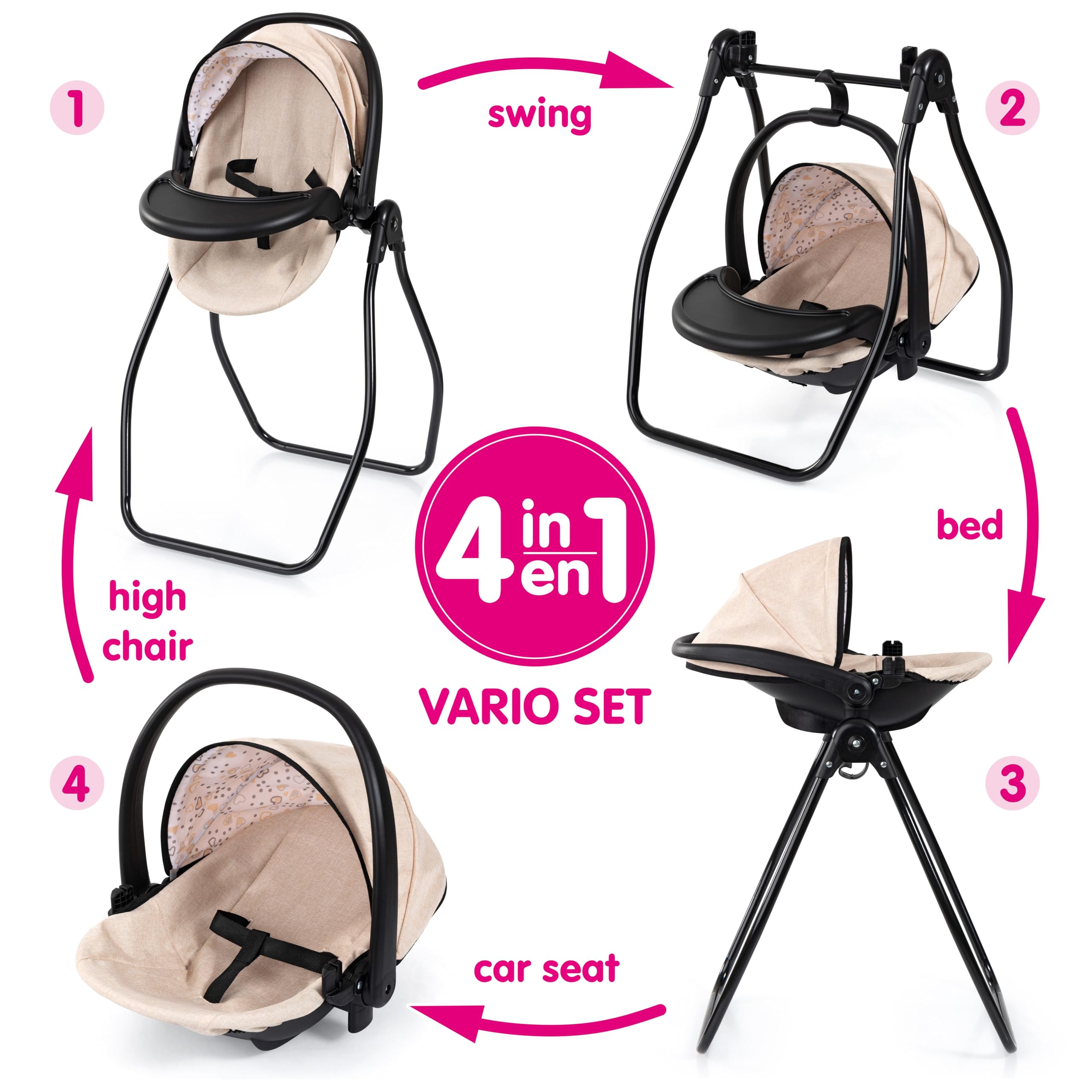 Bayer Design Accesorios para muñecos Set 4 en 1, Trona, portabebés | cama y columpio para muñecas, múltiples juegos de rol, a partir de 3 años