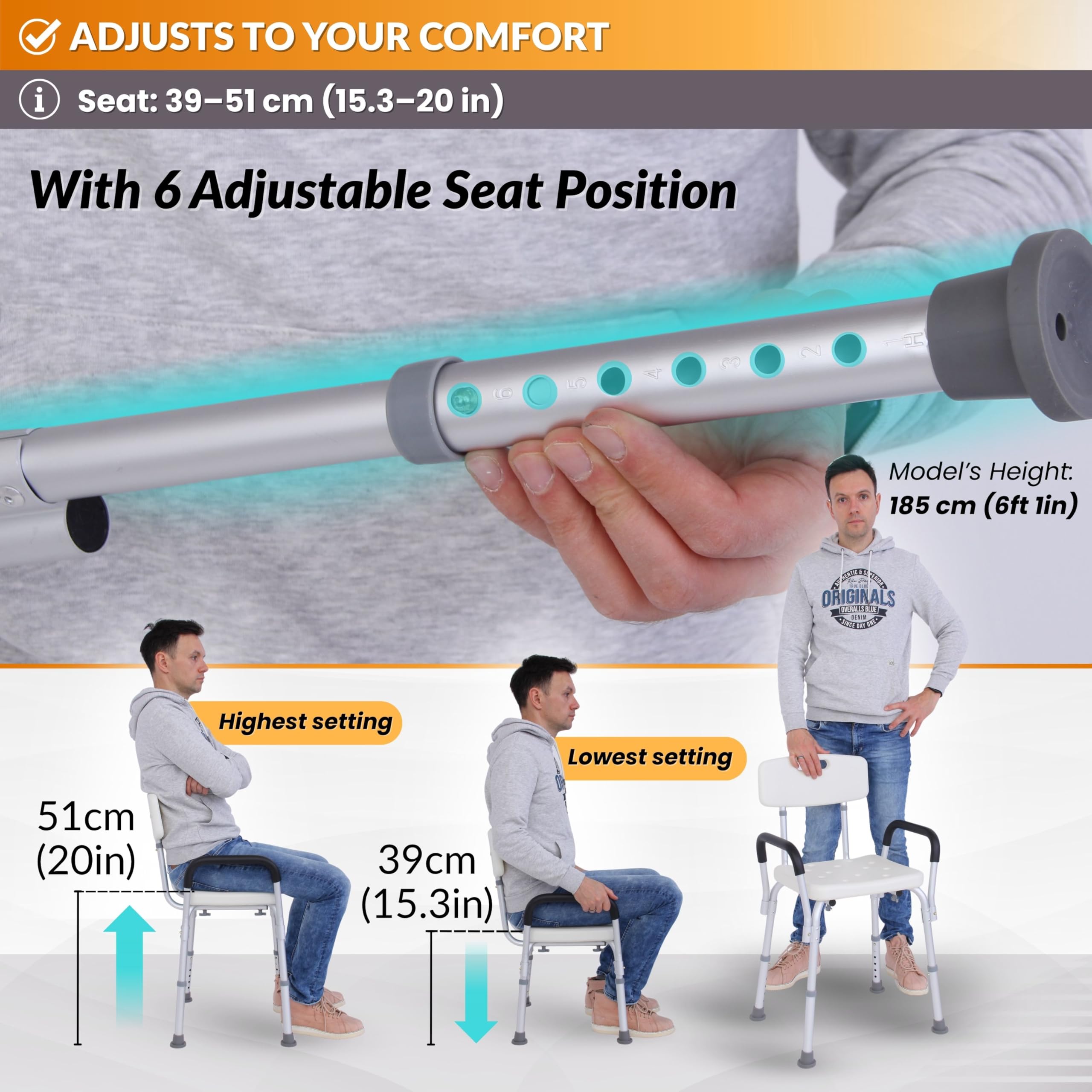 Silla de ducha ajustable con brazos y respaldo para ancianos y discapacitados, silla de baño de aluminio ligero para movilidad – 6 niveles de altura, pies antideslizantes y agujeros de drenaje – Carga