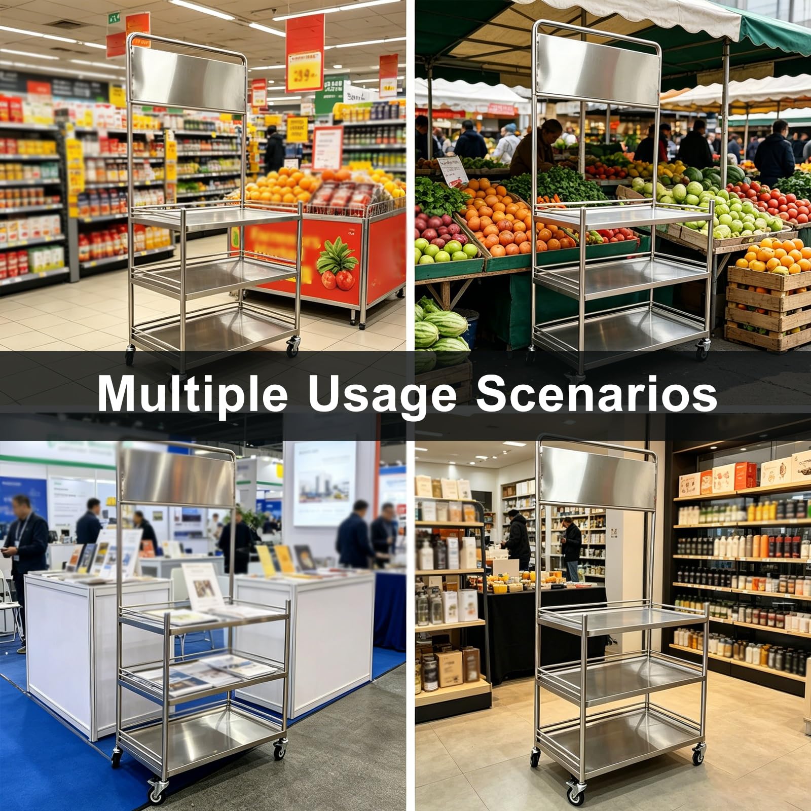 Carrello Ambulante Pieghevole per Bancarella, Telaio in Acciaio Inox con Portata 180kg, Espositore Mobile per Mercato Supermercato(80x48x190cm/31x19x75in)