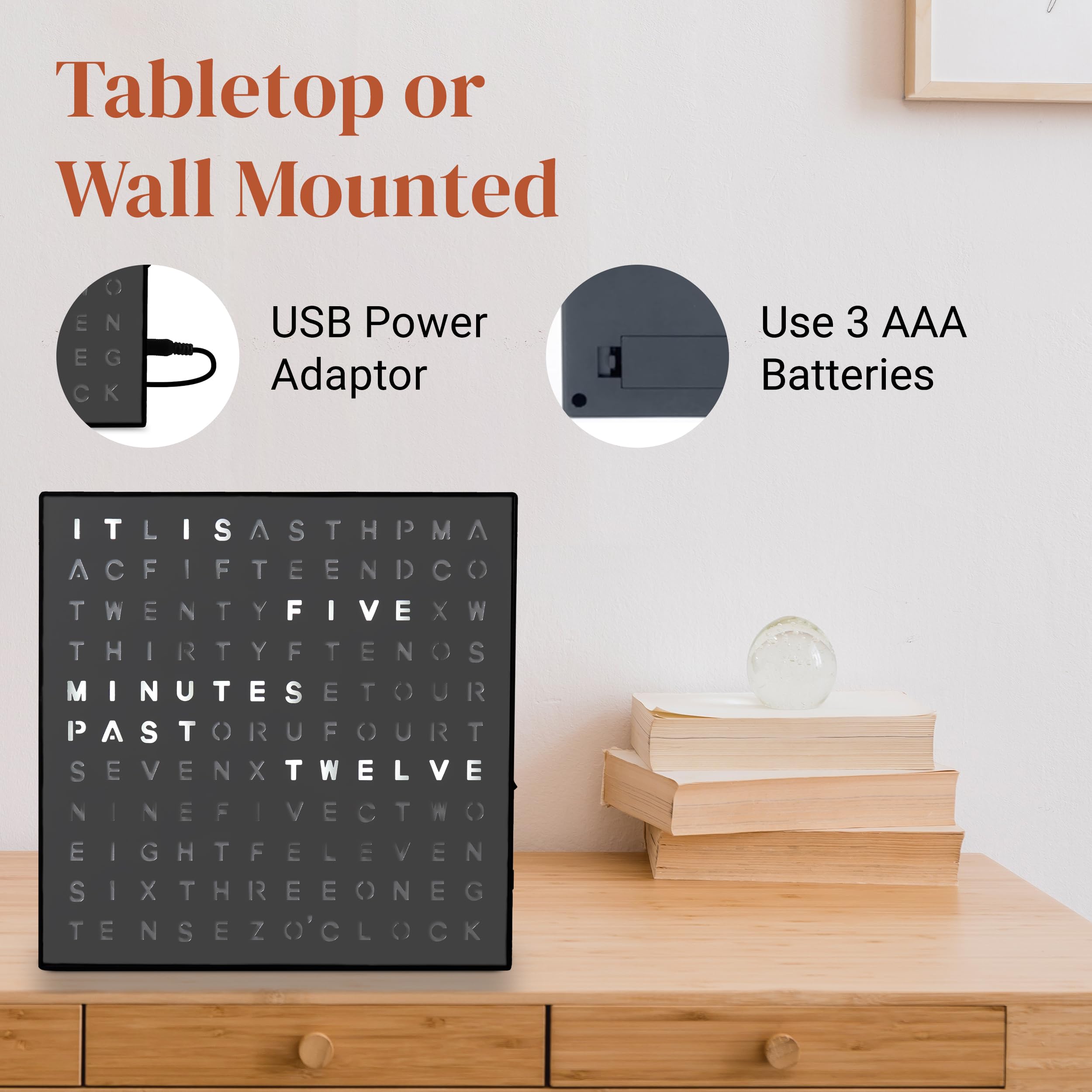 Stiles Horloge lumineuse avec mots, 20,3 x 20,3 cm, horloge de bureau unique avec câble USB, décoration moderne et funky pour salon, chambre, maison ou bureau, gris