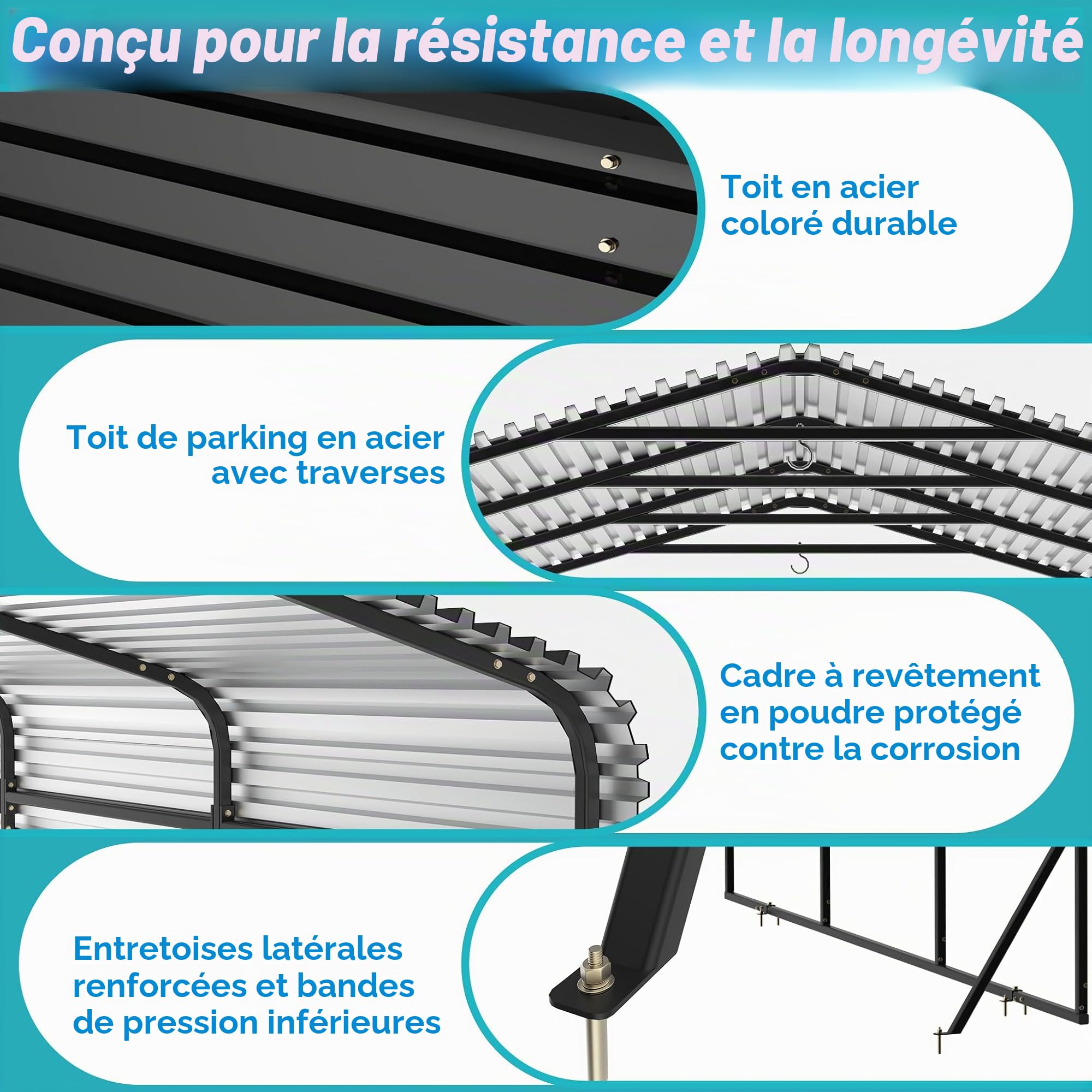 LZQ Garage-tente de voiture d'extérieur | Carport 10 x 15 pieds Noir | Abri de voiture-garage extérieur en métal | Ombre avec toit en métal galvanisé pour voitures et bateaux tente de bivouac