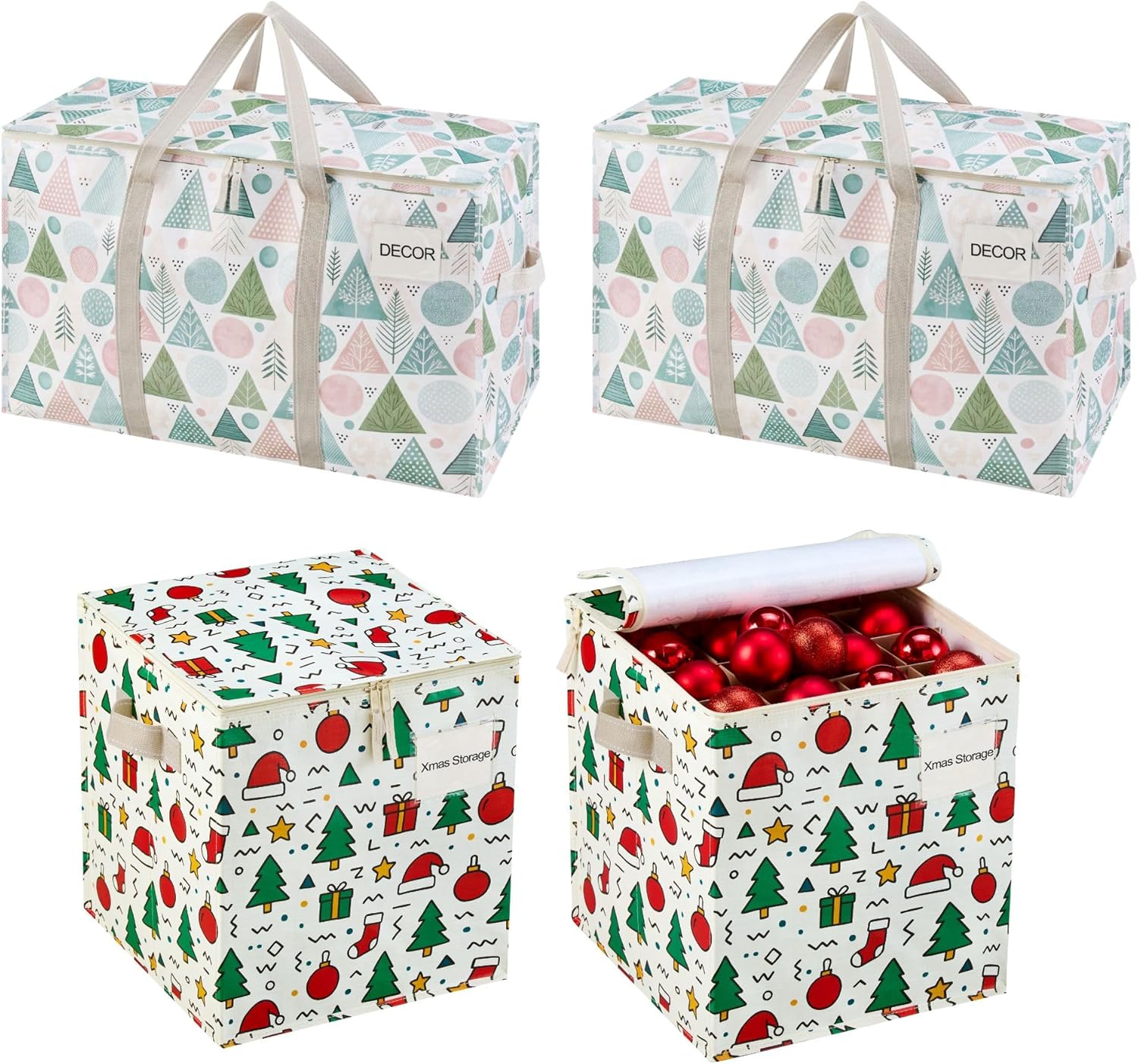 VENO 4 Pack Christmas Decoration Storage Bundle (2 Pack Wrap-Around Handles Bags + 2 Ornament Storage Boxes)