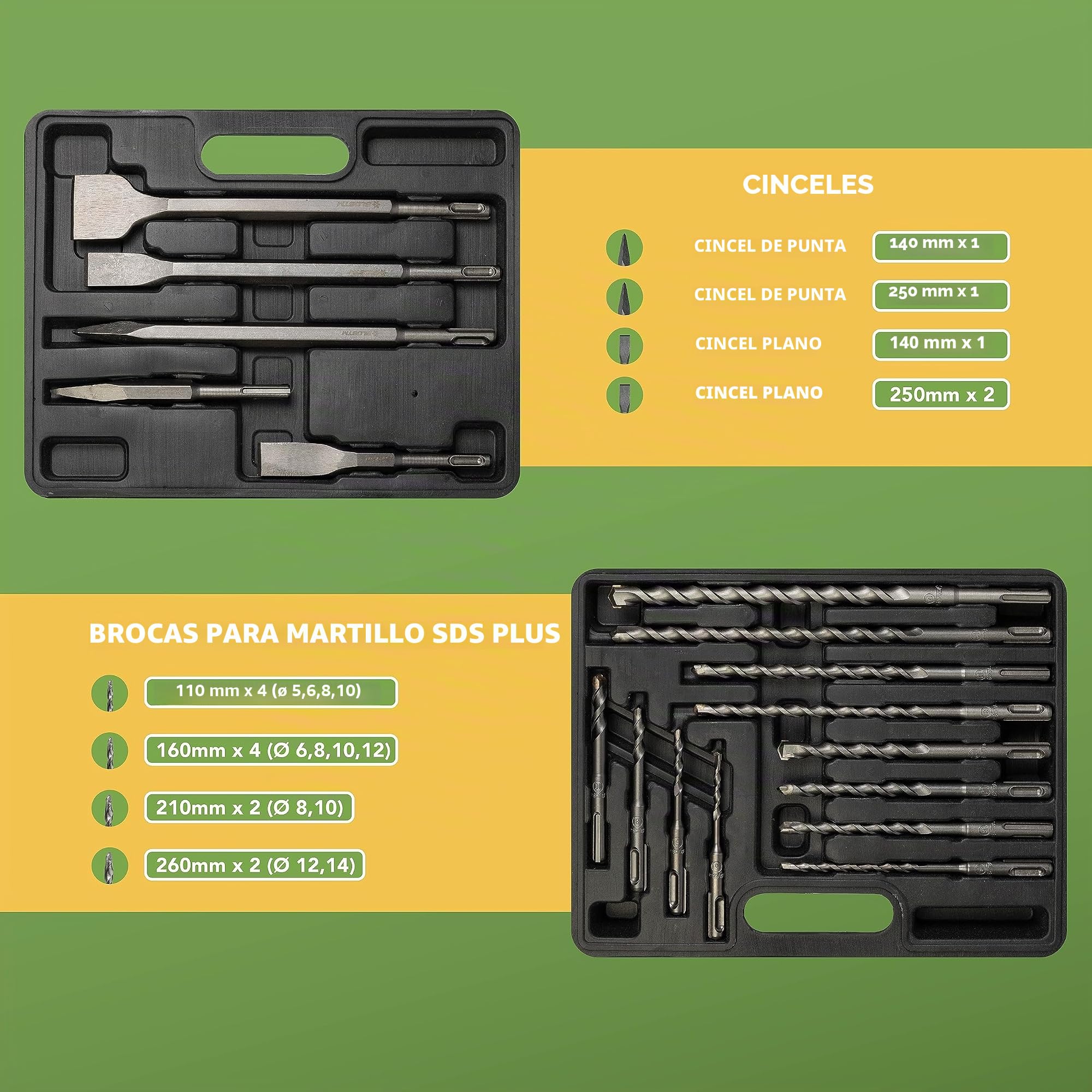 BLOSTM Juego de brocas SDS Plus de 17 piezas - Brocas de cincel SDS y brocas de martillo con estuche de almacenamiento compacto para hormigón, baldosas, ladrillos y más