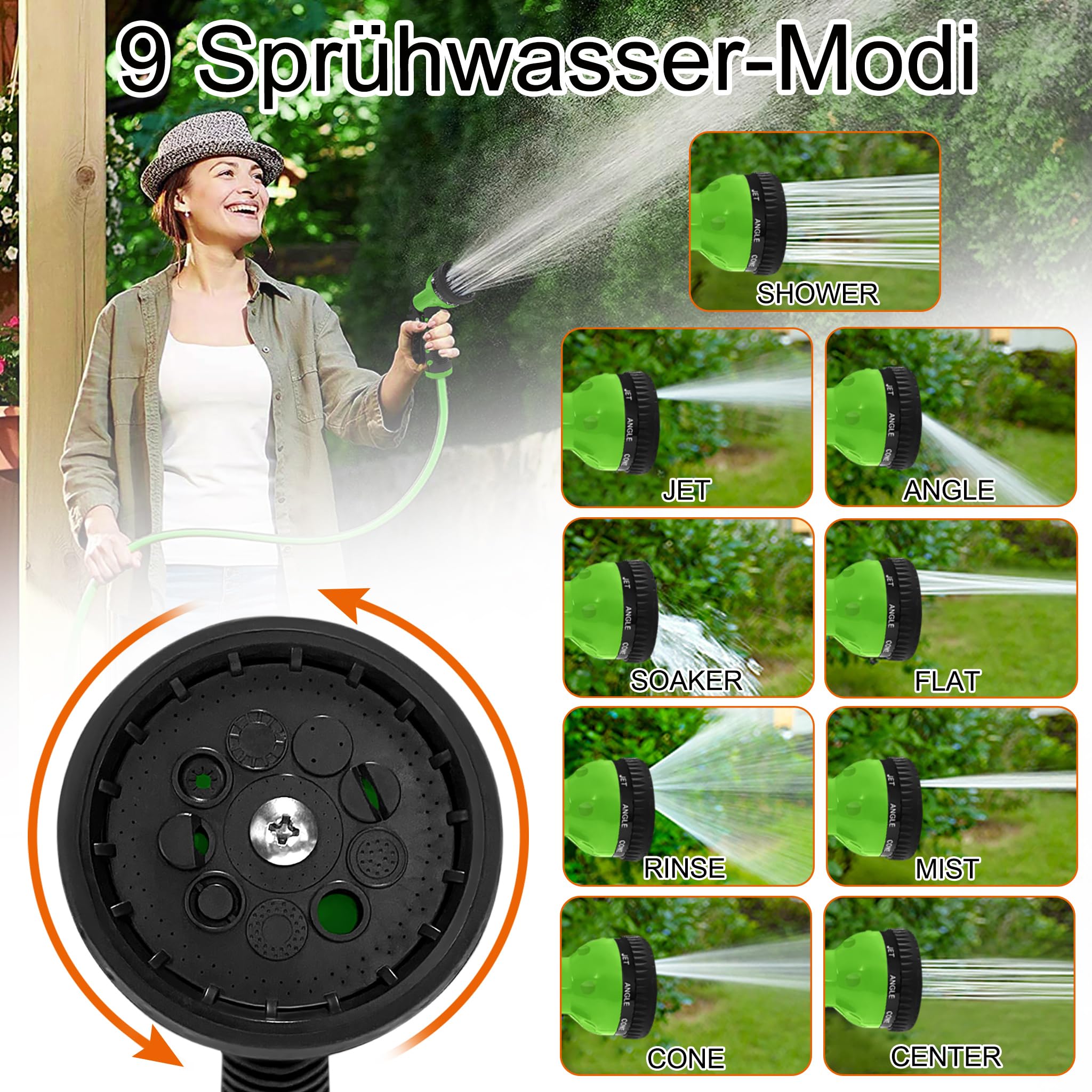Aufun carrete de manguera de 30 m + carrete de manguera de 2 m conexión automática de 3 4 giratorio de 180 ° soporte de pared múltiple con asa de transporte para jardín riego lavado de autos (verde)